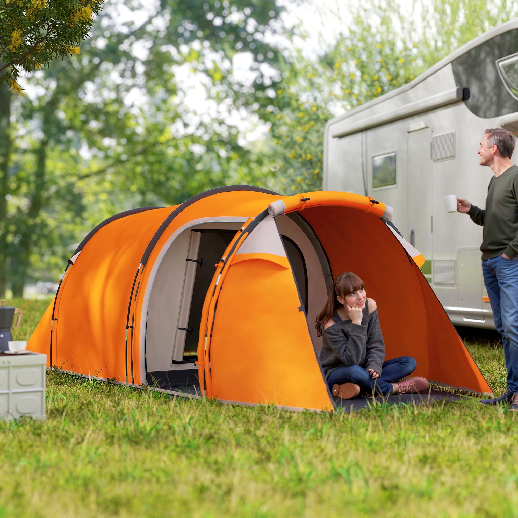 Outsunny 2-3 Man Tunnel Tents w/ Vestibule Camping Tent Porch Air Vents Weather-Resistant Shelter, Orange - North Peak Garden Furniture