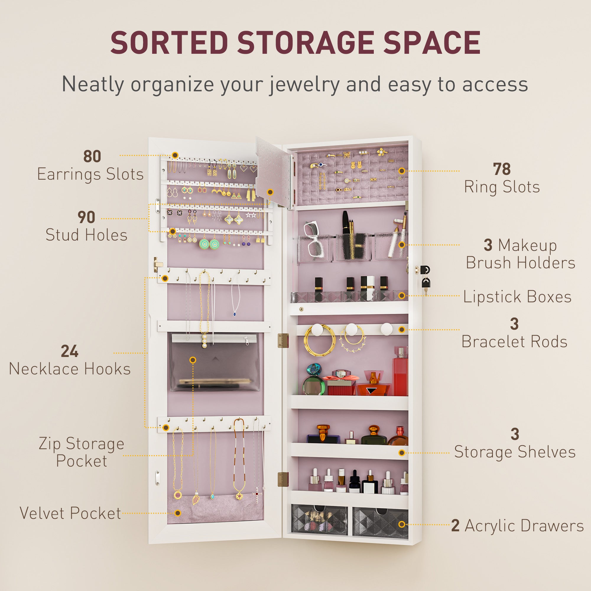 HOMCOM 108 x 37cm Lockable Jewellery Cabinet, with LED Lights - White Surface and Pink Lining - North Peak Garden Furniture