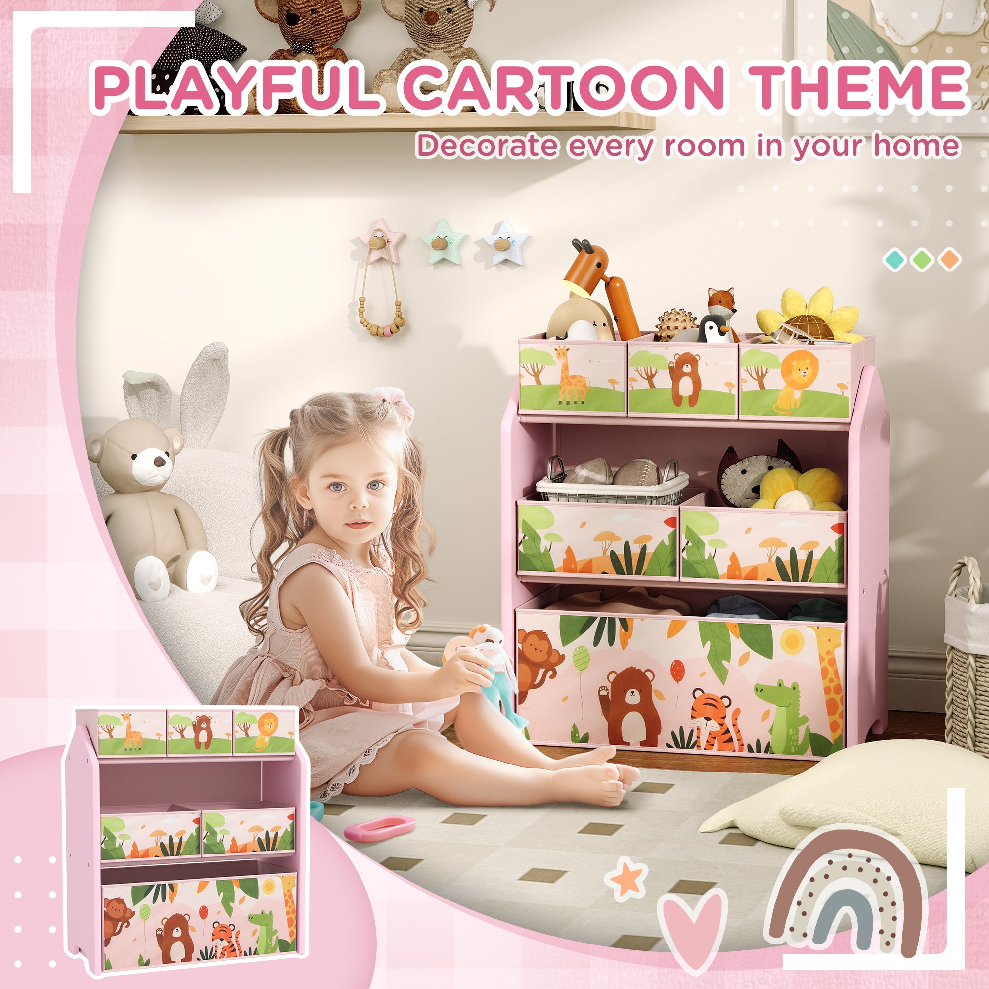 AIYAPLAY 3-Tier Kids Toy Storage Unit with 6 Removable Storage Boxes, for Playroom, Bedroom, Children's Room, Nursery, Pink - North Peak Garden Furniture