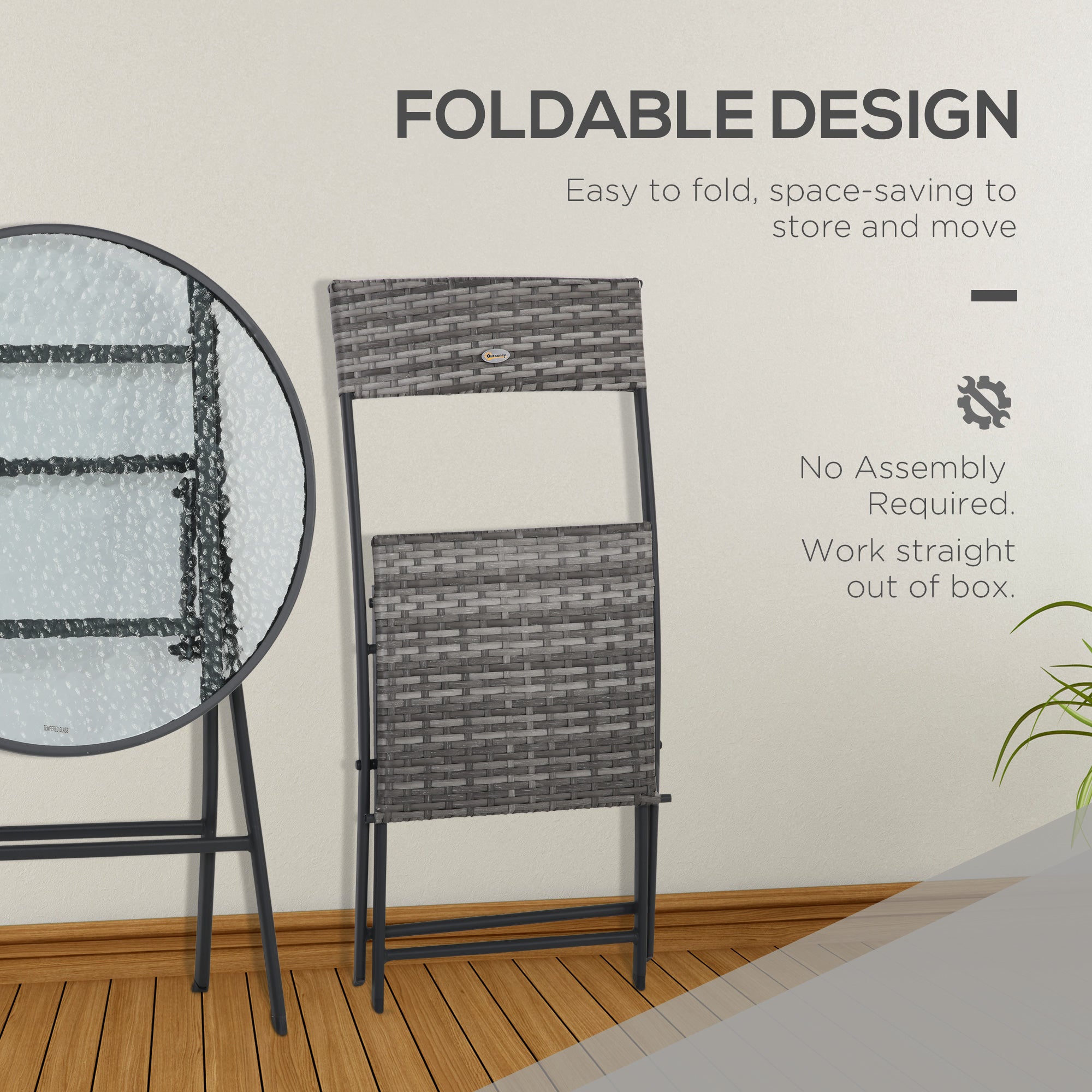 Outsunny 3 Pieces Rattan Bistro Set, Wicker Folding Garden Furniture Set with Glass Top Coffee Table and Chairs for Outdoor, Patio, Balcony, Grey - North Peak Garden Furniture
