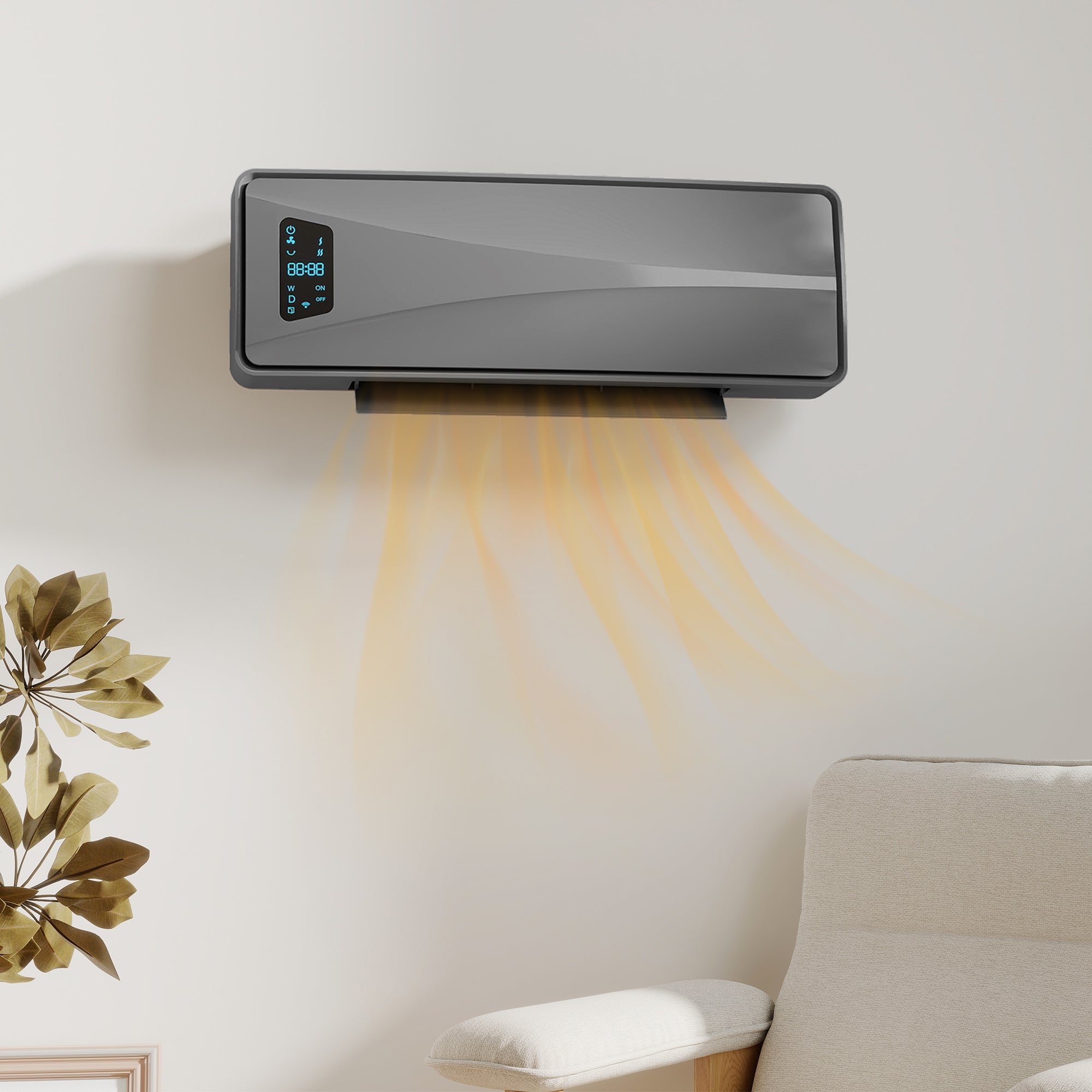 HOMCOM 2000W Ceramic Electric Heater with Fan, Adjustable Thermostat, Wall Mounted - Grey