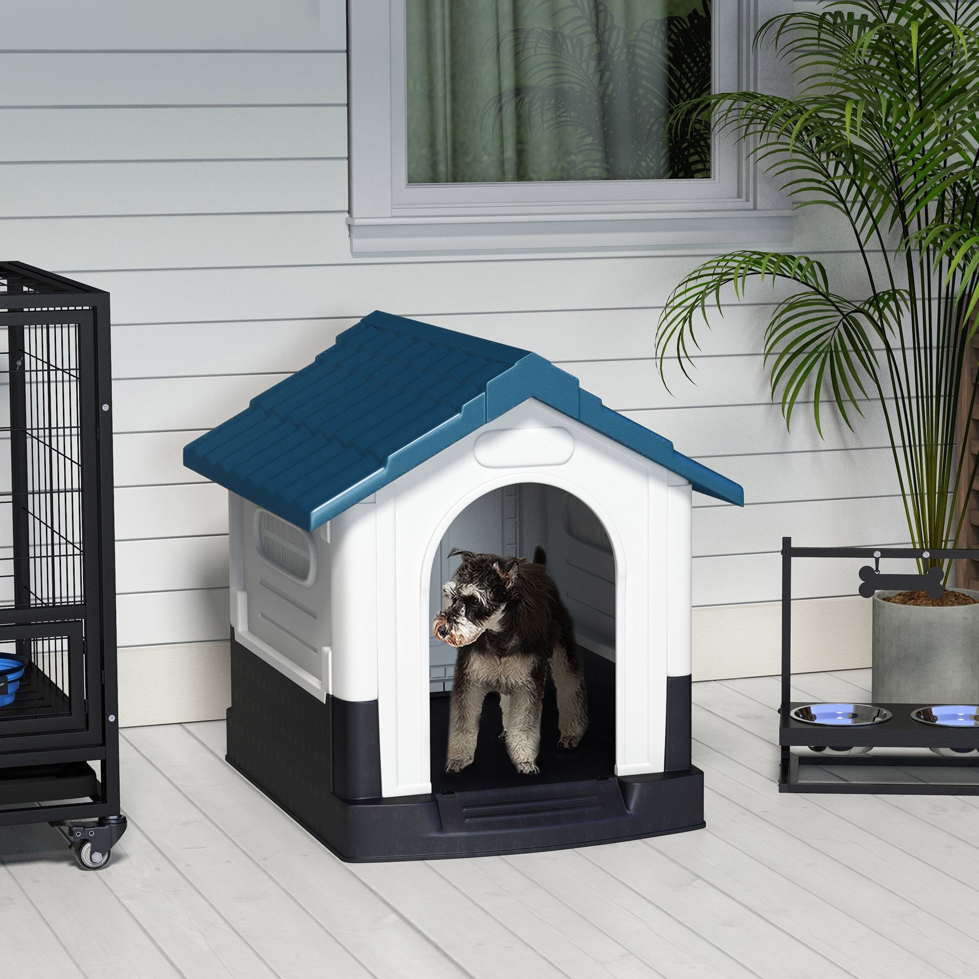PawHut Plastic Dog Kennel with Windows, for Garden Patio, Miniature and Small Dogs, 80 x 69 x 76cm - Blue - North Peak Garden Furniture