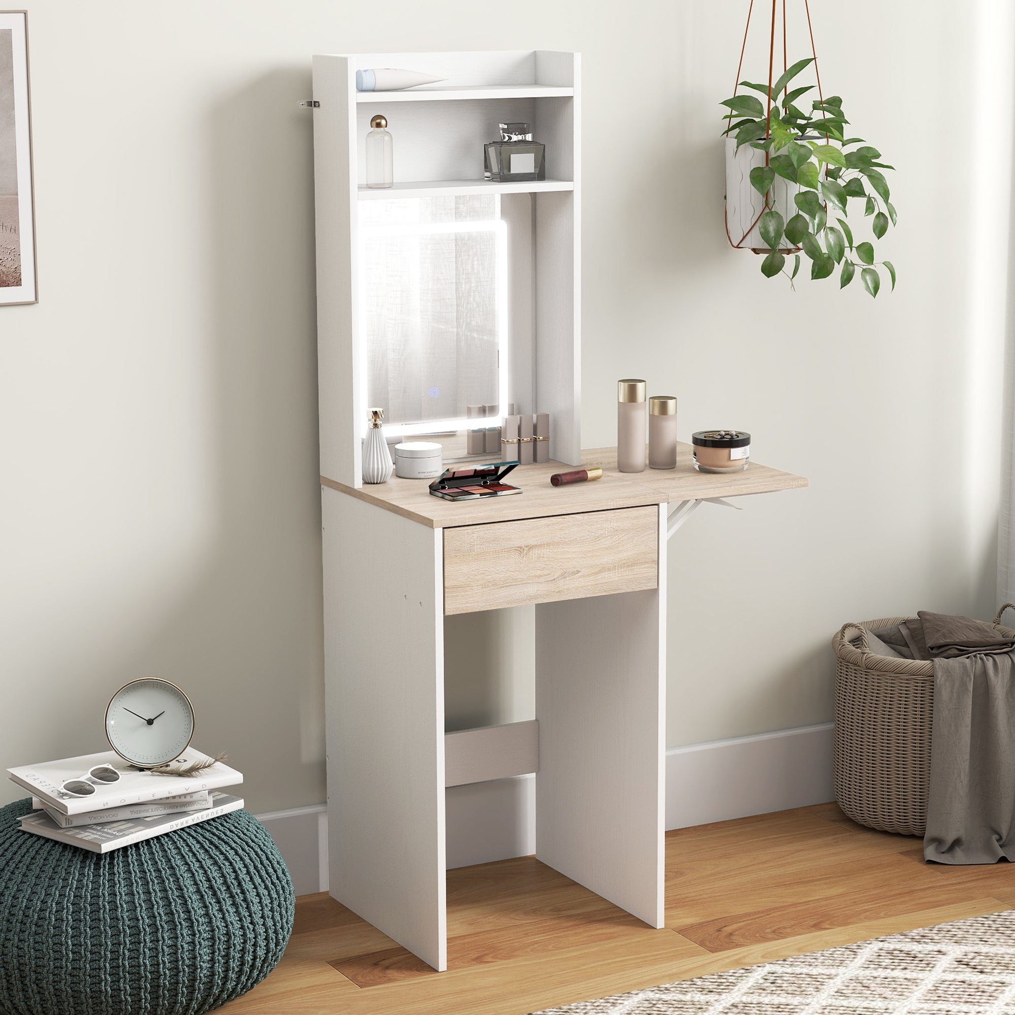 HOMCOM Small Vanity Desk with Mirror and LED Lights, Compact Dressing Table with Drop Leaf, Open Shelves and Drawer, White