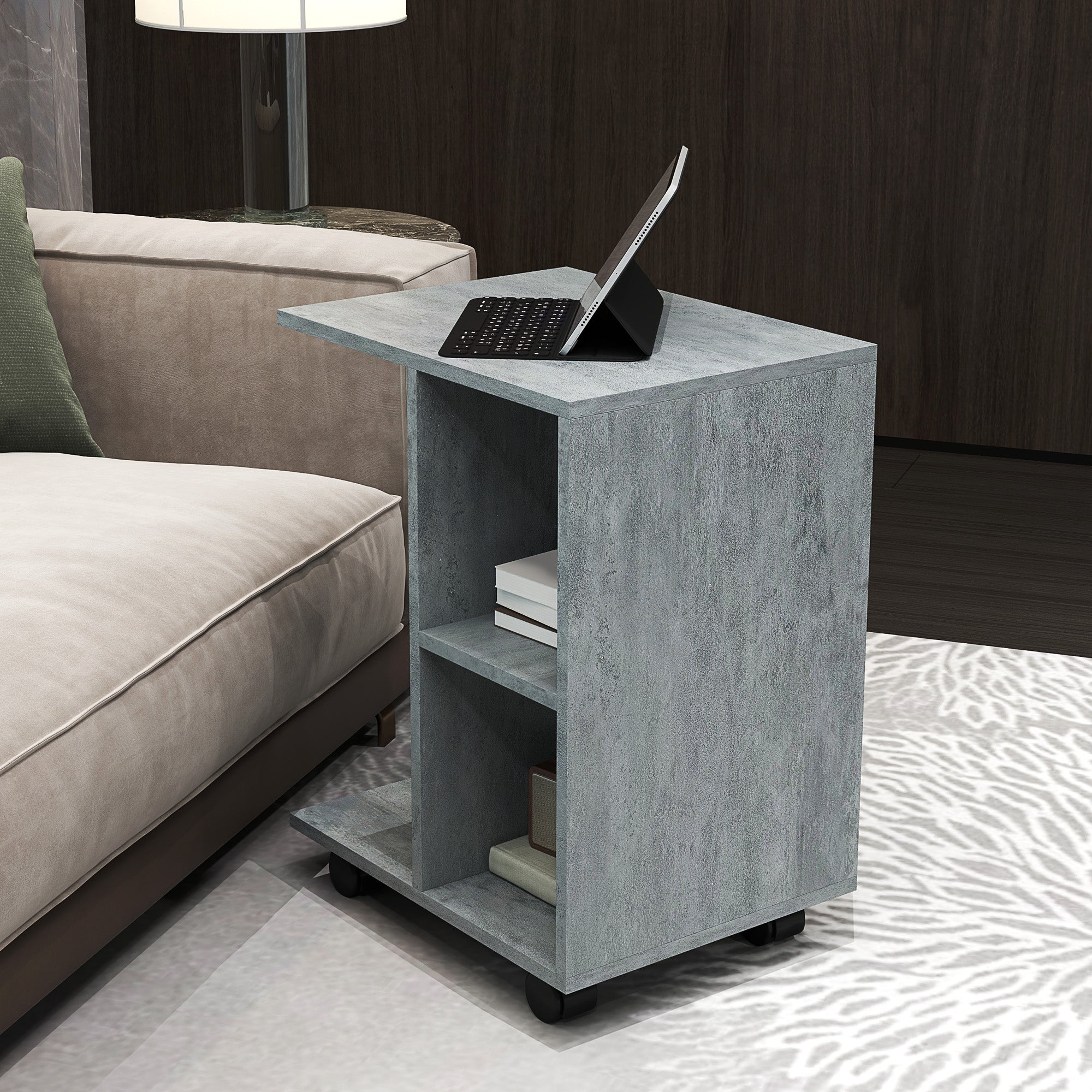 HOMCOM C-Shape End Table Unique Storage Unit w/ 2 Shelves 4 Wheels Freestanding Home Office Furniture Cabinet Square Studio Grey - North Peak Garden Furniture
