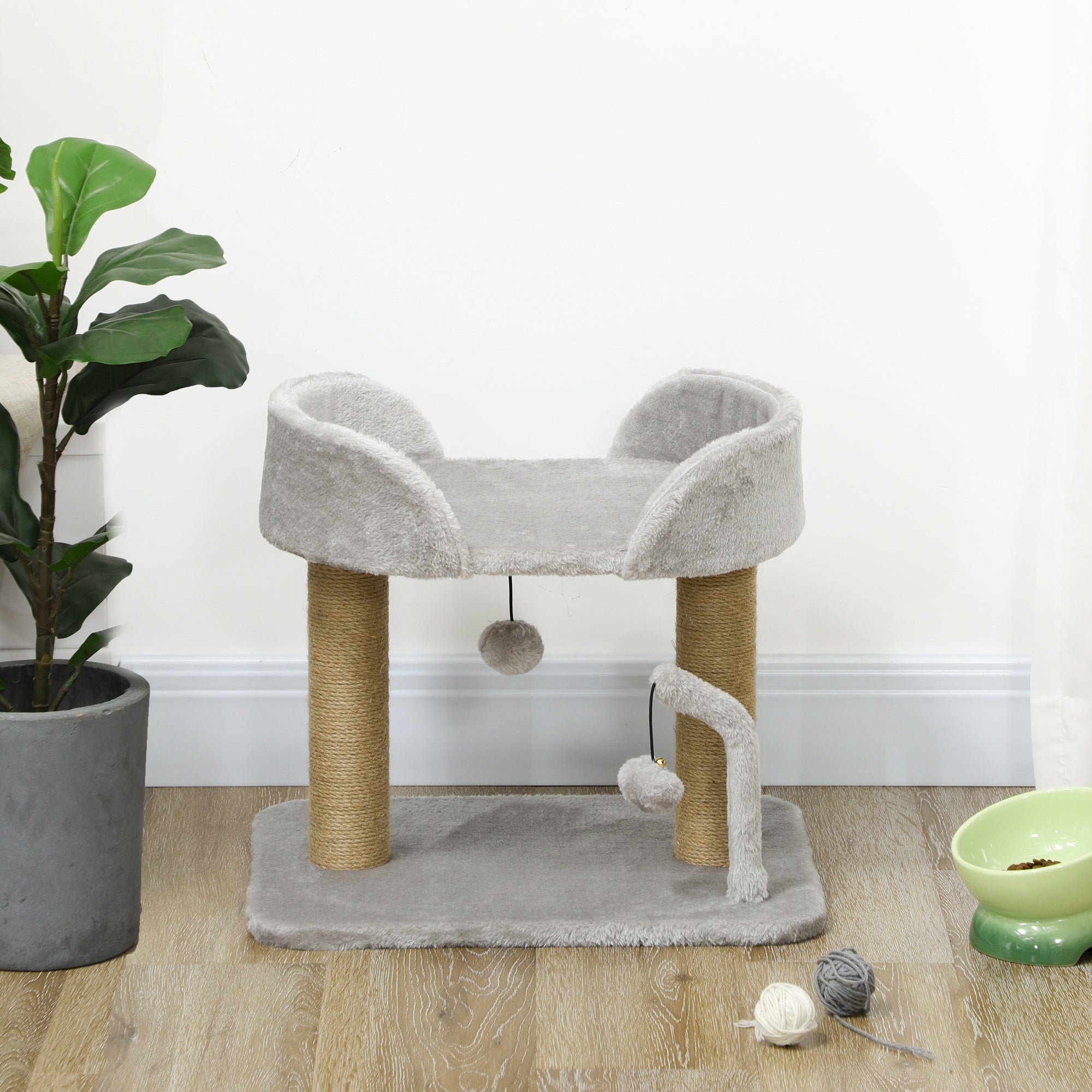 PawHut 42cm Indoor Cat Tree, with Toy Balls, Jute Scratching Post - Light Grey