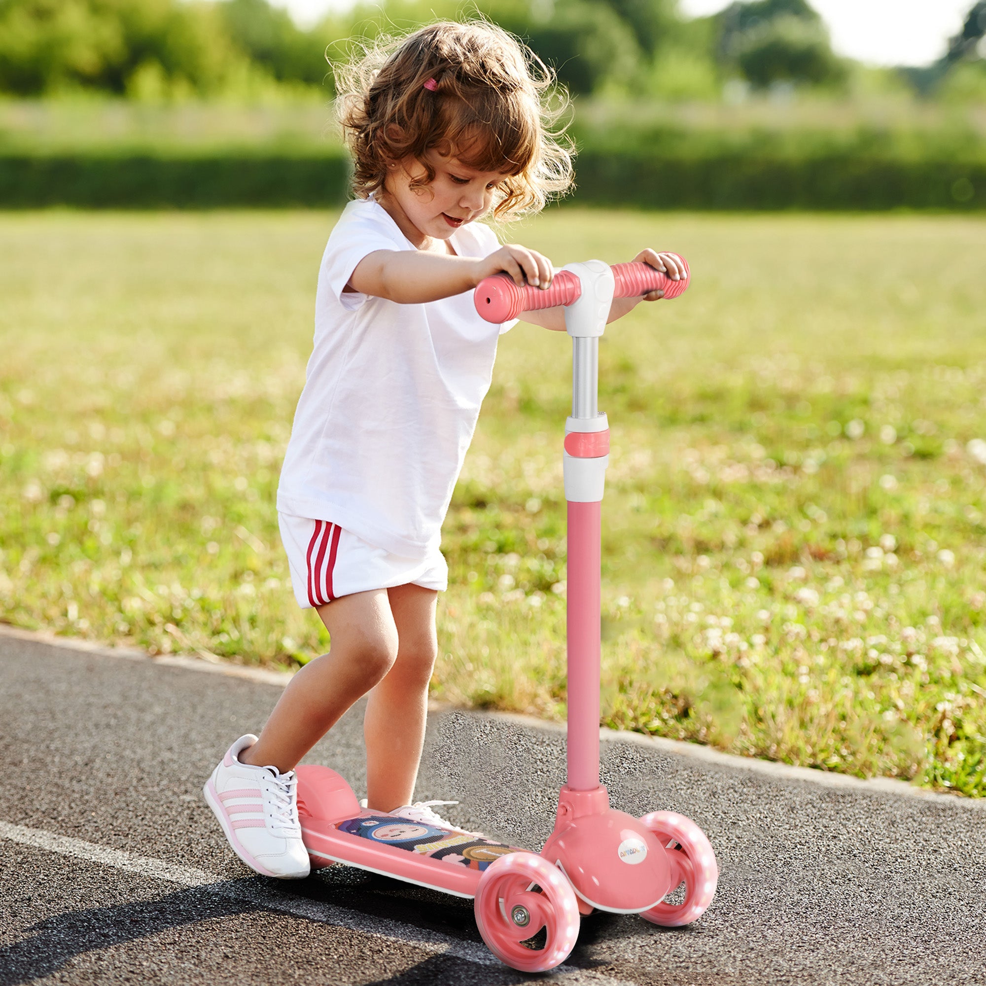 AIYAPLAY Kids 3 Wheel Scooter for 2-6 Years Old w/ Adjustable Height, LED Light, TPE Handlebar, Pink - North Peak Garden Furniture