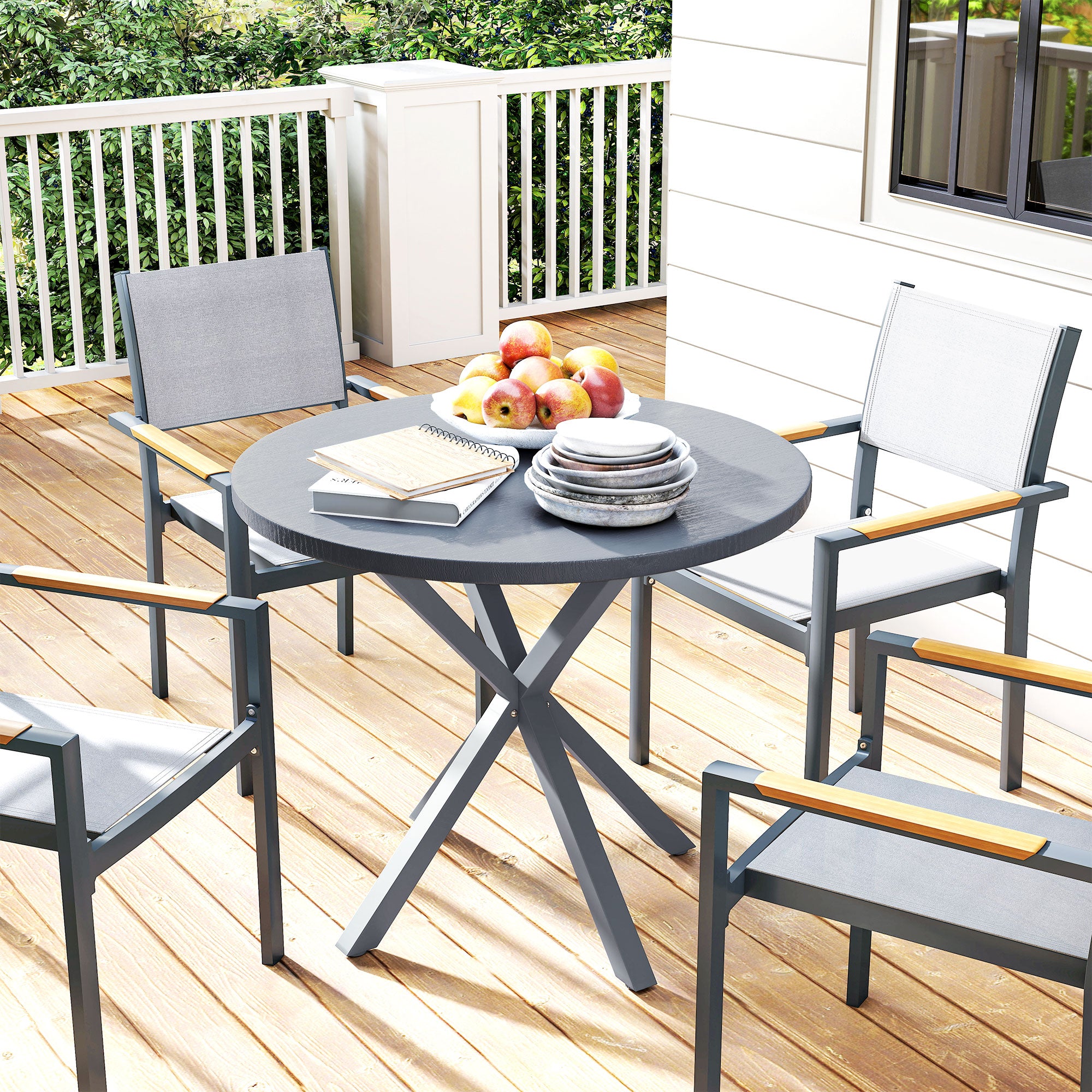 Outsunny Garden Table, 85cm Round Outdoor Dining Table with Steel Frame, Wood Effect Top, for Balcony, Deck, Dark Grey - North Peak Garden Furniture