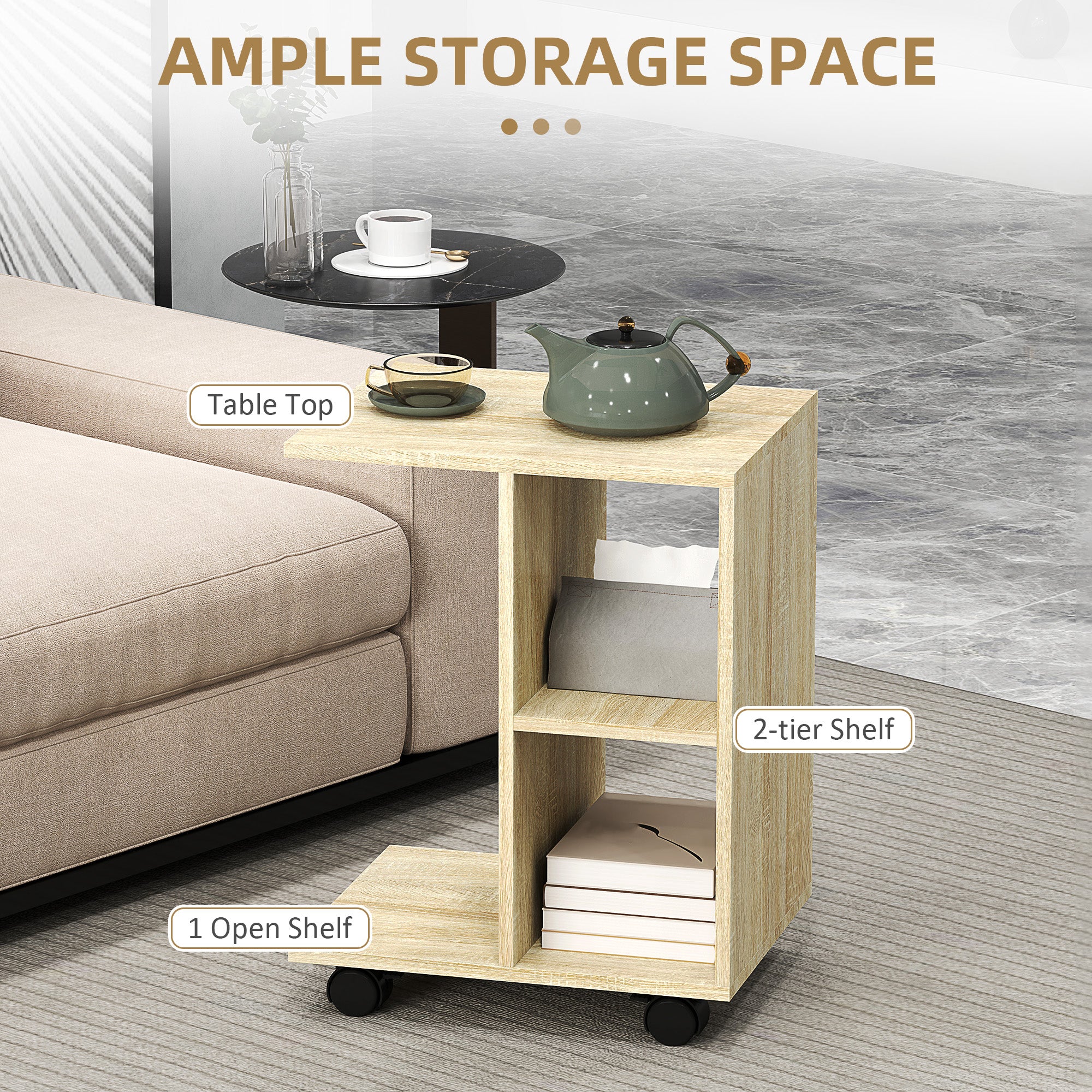 HOMCOM C-Shape End Table Unique Storage Unit w/ 2 Shelves 4 Wheels Freestanding Home Office Furniture Cabinet Square Studio Natural - North Peak Garden Furniture