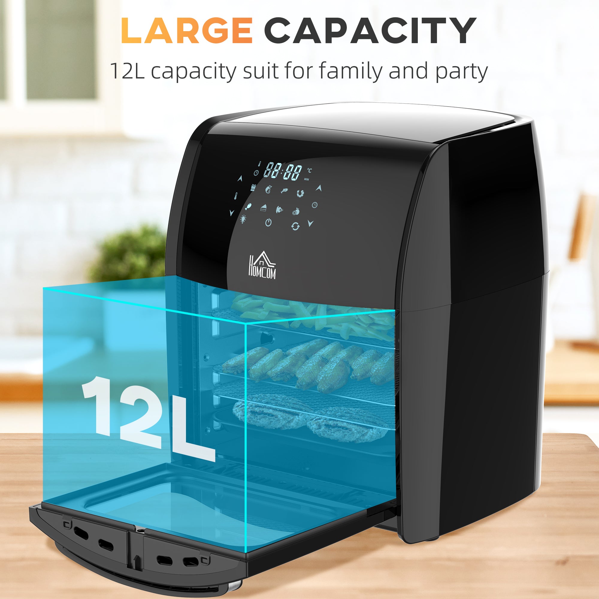 HOMCOM 12L 8 in 1 Digital Air Fryer Oven with Roast, Bake, Dehydrate, 8 Preset Modes, Rapid Air Circulation, Timer, Inner Light, Memory Function, 1800W, Dish Wash Accessory, Black - North Peak Garden Furniture