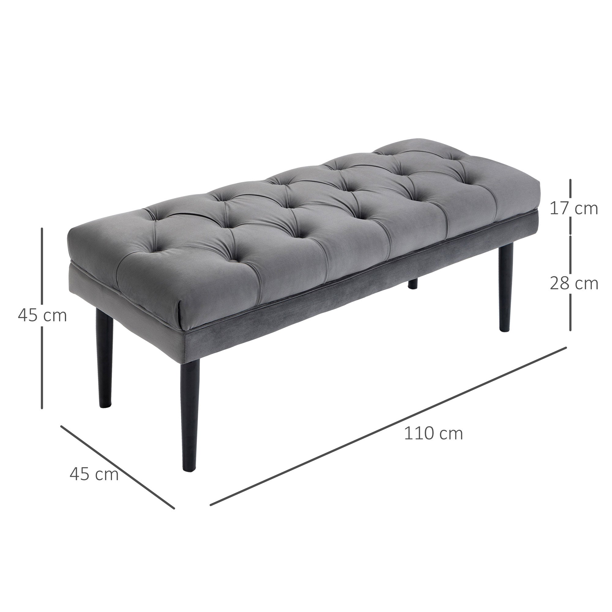 HOMCOM Velvet Bed End Bench, Button Tufted Window Seat, Hallway Shoe Bench, Upholstered Accent Lounge Chair Stool for Living Room, Bedroom, Grey - North Peak Garden Furniture