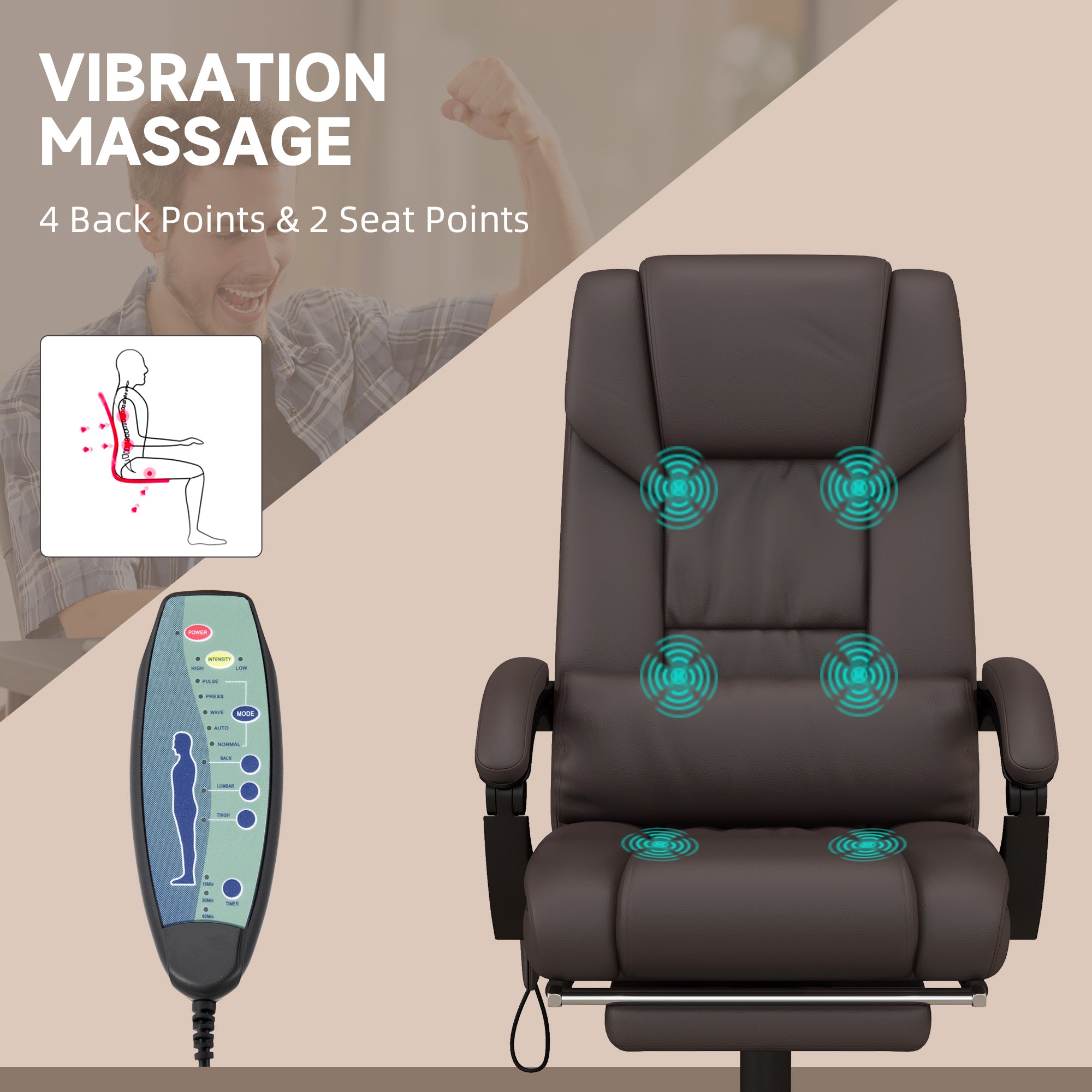 Vinsetto 6-Point Massage Office Chair, PU Leather Desk Chair with Adjustable Height and Footrest for Home Office, Brown - North Peak Garden Furniture