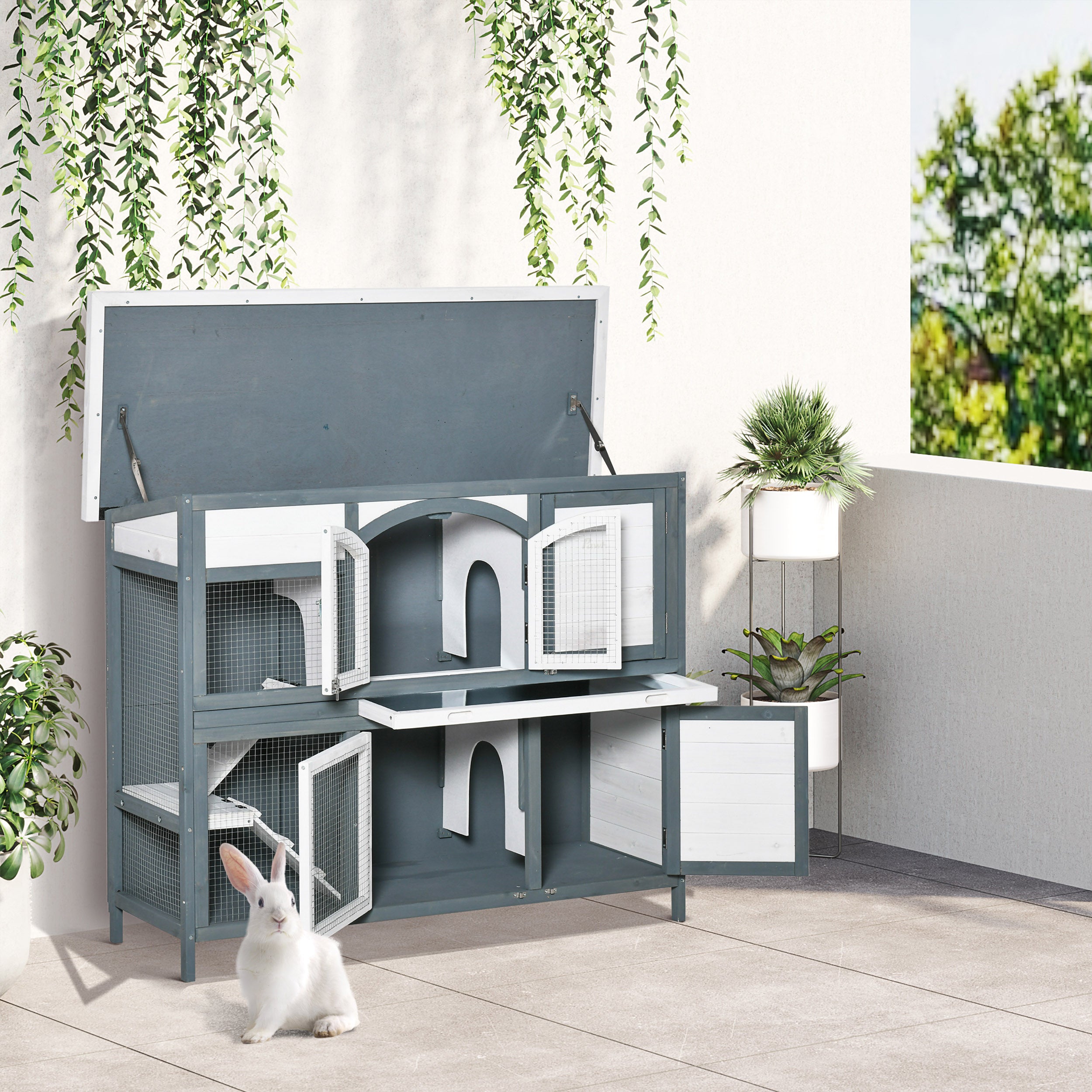 PawHut Rabbit Hutch Outdoor Guinea Pig Hutch 2 Tier Wooden Cage w/ Ramp, Divider, Openable Roof, 125 x 48 x 100cm - Grey - North Peak Garden Furniture
