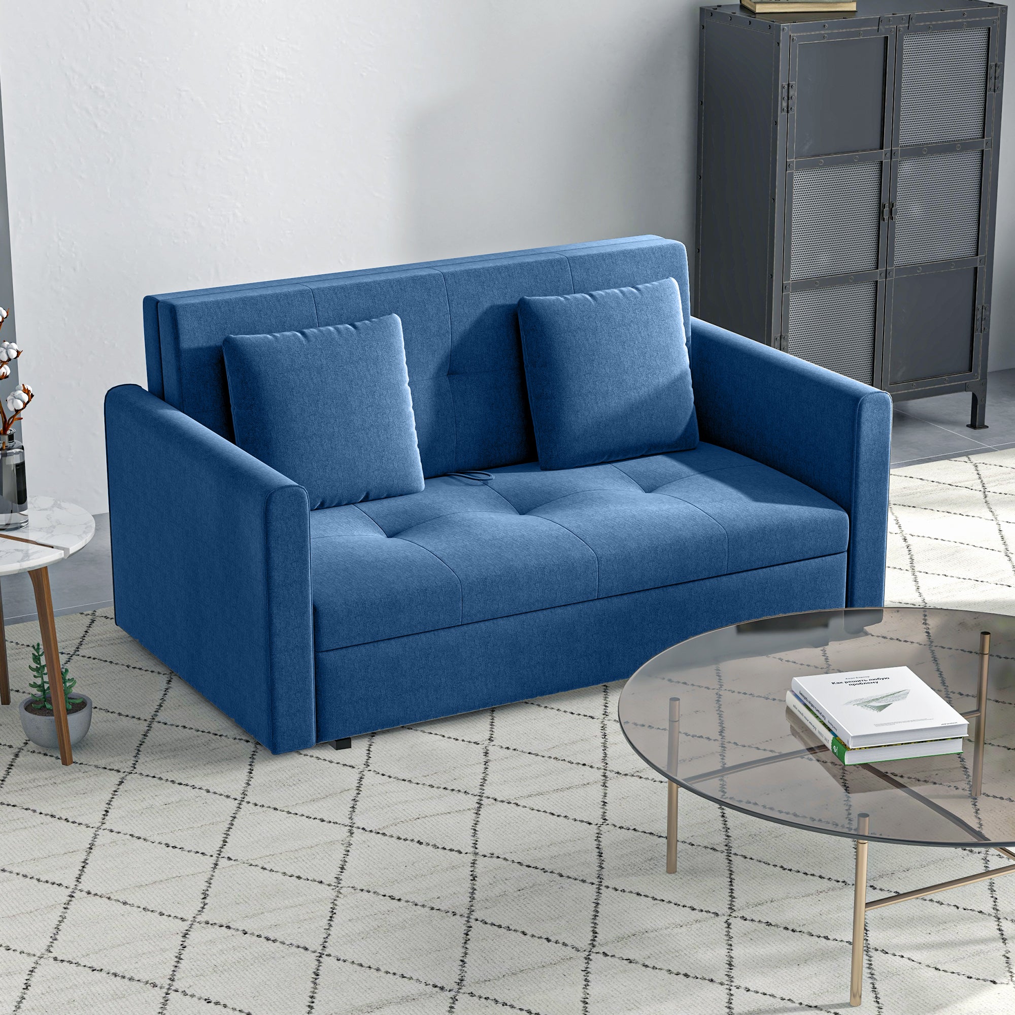 HOMCOM 2 Seater Sofa Bed, Convertible Bed Settee, Modern Fabric Loveseat Sofa Couch with 2 Cushions, Hidden Storage for Living Room, Guest Room, Deep Blue - North Peak Garden Furniture