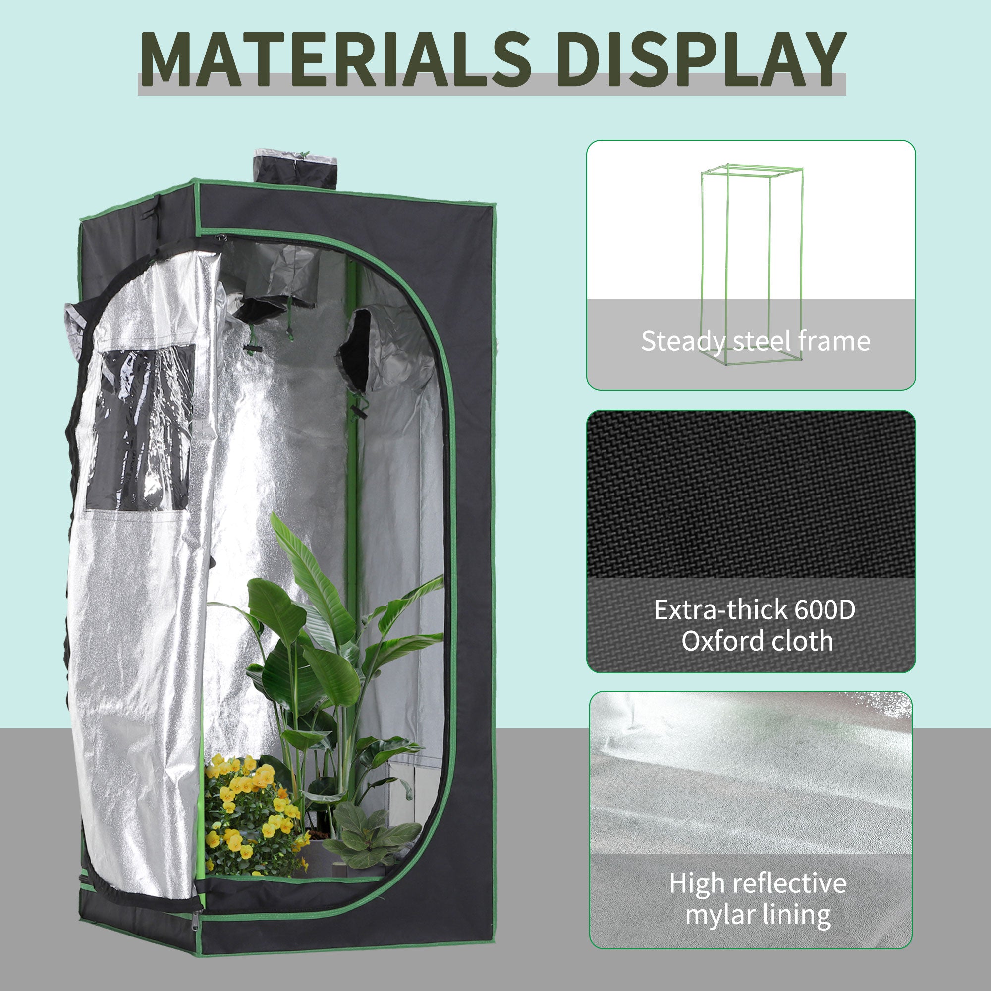 Outsunny Hydroponic Plant Grow Tent  W/ Window Tool Bag, 60L x 60W x 140Hcm-Black/Green