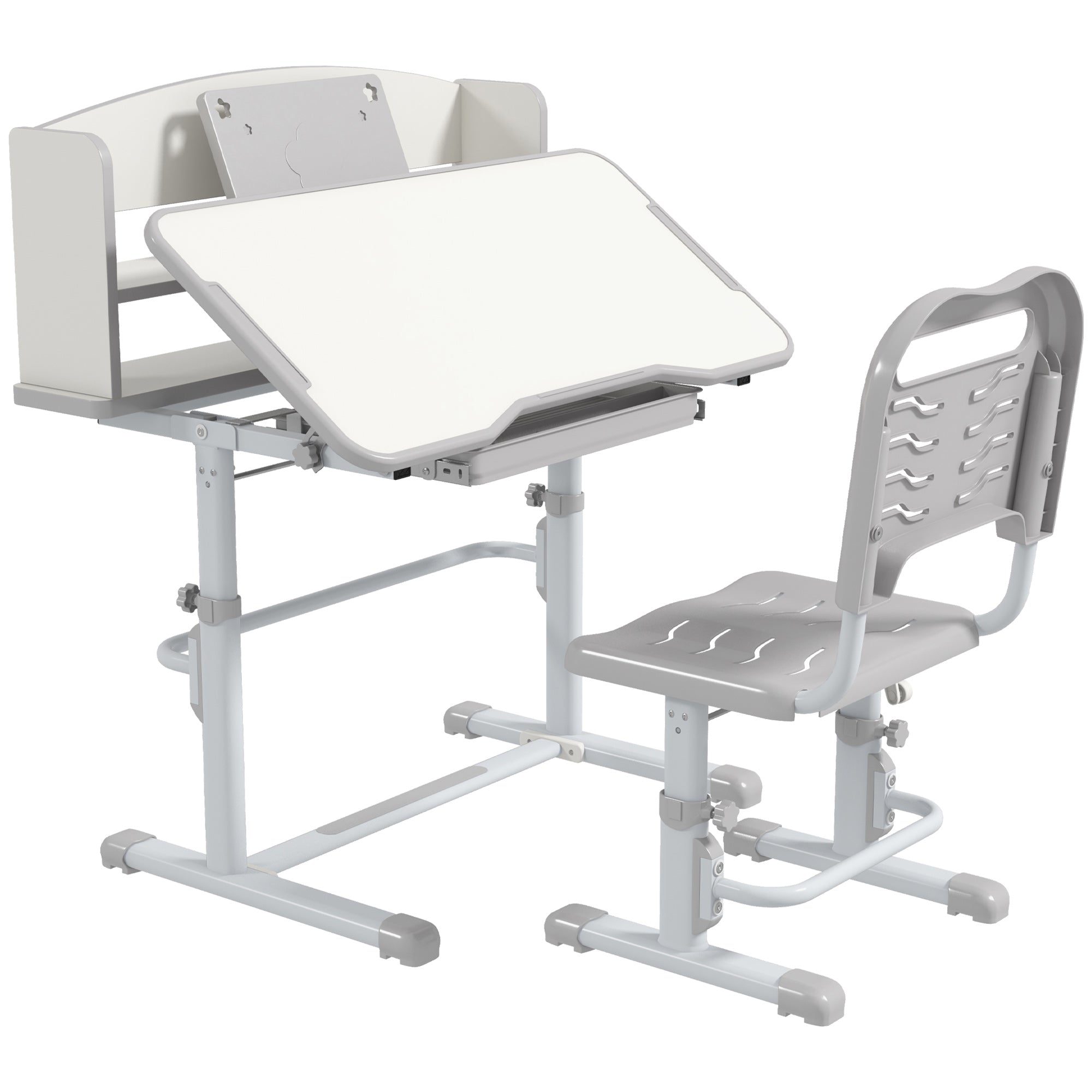 ZONEKIZ Height Adjustable Kids Study Table and Chair Set, with Drawer, Storage Shelf, 80 x 54.5 x 104 cm, Grey - North Peak Garden Furniture