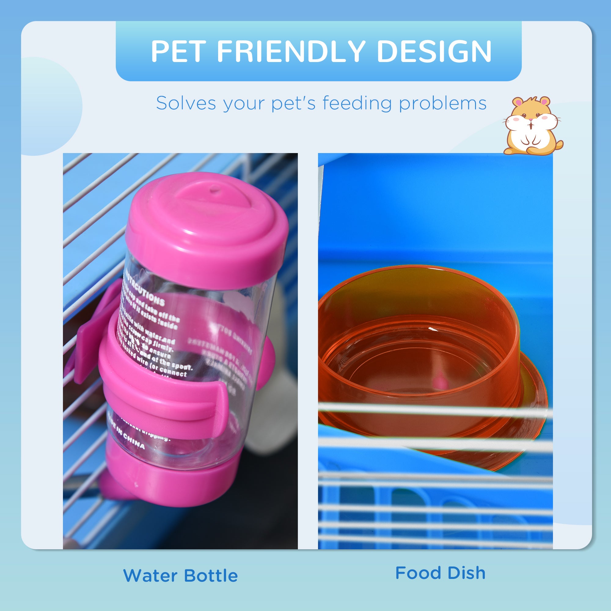Pawhut 2 Tier Hamster Cage Carrier Habitat Small Animal House with Exercise Wheels Tunnel Tube Water Bottle Dishes House Ladder for Dwarf, Blue - North Peak Garden Furniture