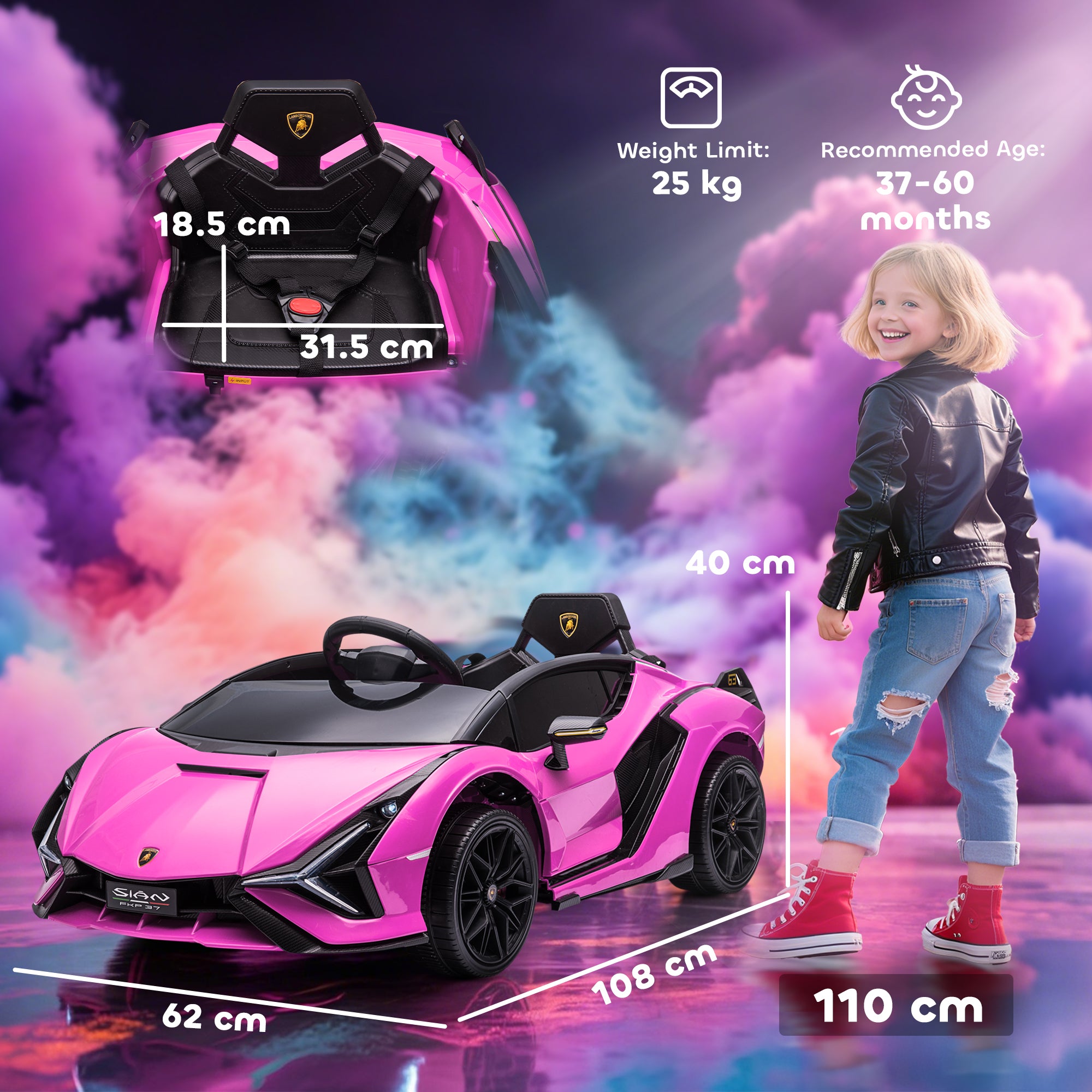 HOMCOM Lamborghini Sian Licensed 12V Kids Electric Ride On Car 2 Motors Toy Car with Remote Control Music Lights MP3 for 3-5 Years Pink