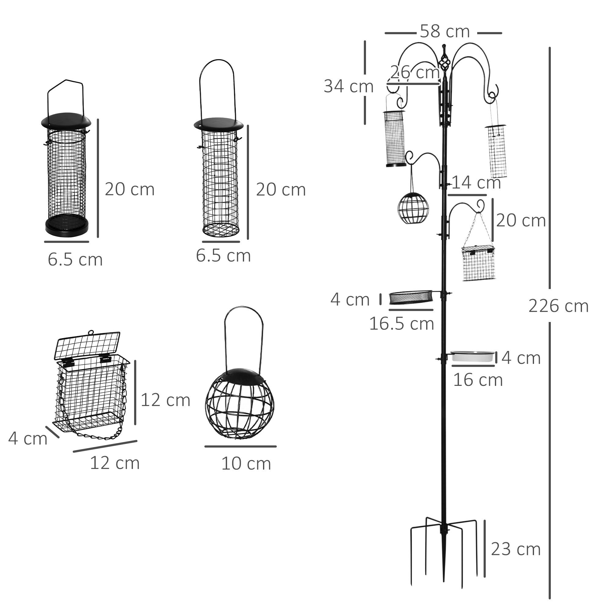 Pawhut Bird Feeding Station Kit, Wild Bird Feeder Pole with 6 Hooks, 4 Hanging Feeders for Peanuts, Seed, Fat Balls, for Garden, Outdoor, Black