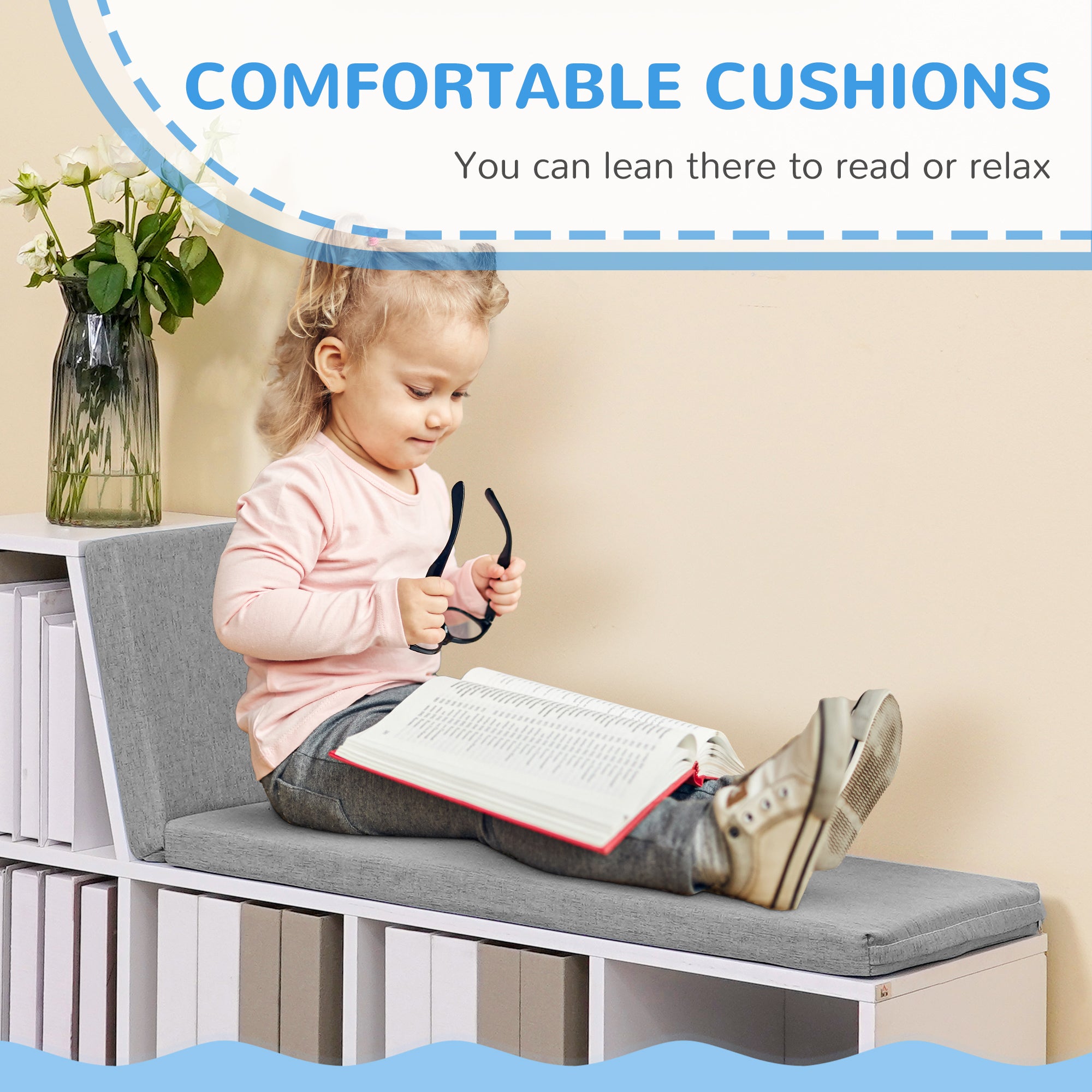 HOMCOM Bookcase Storage Shelf with Cushioned Reading Seat, Bookshelf Storage Cabinet for Study Living Room, White - North Peak Garden Furniture