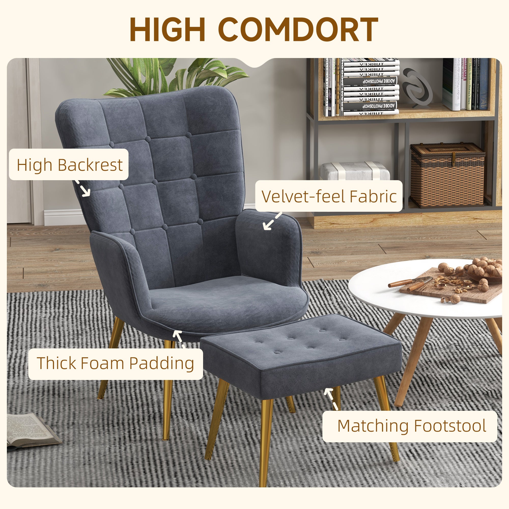 HOMCOM Modern Armchair with Footstool, Upholstered Accent Chair with Ottoman, Steel Legs, Velvet Wingback Chair for Living Room, Bedroom, Home Study, Dark Grey