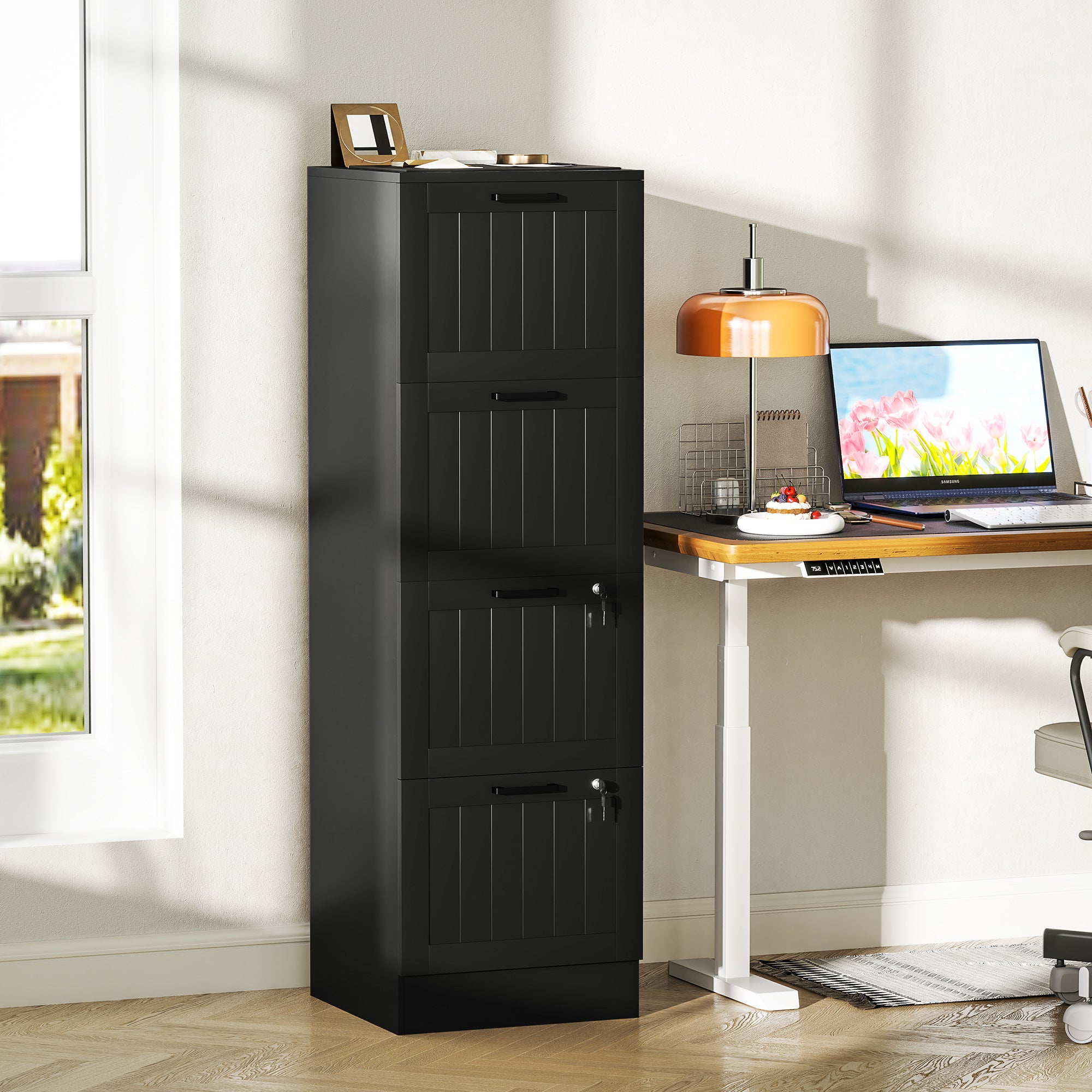 HOMCOM 4 Drawer Filing Cabinet with Lock, Office Storage Cabinet with Adjustable Hanging Bars for A4 Letter Size Files, Black