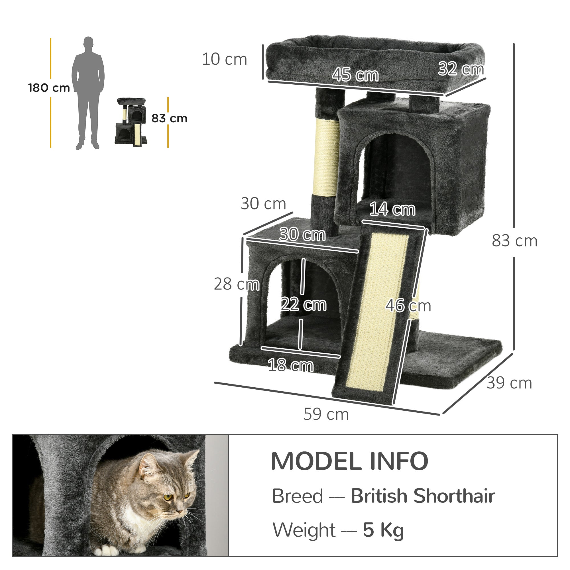 PawHut Cat Tree for Indoor Cats 83cm Cat Scratching Post Scratch Board Kitten Tower Climbing Frame Black - North Peak Garden Furniture