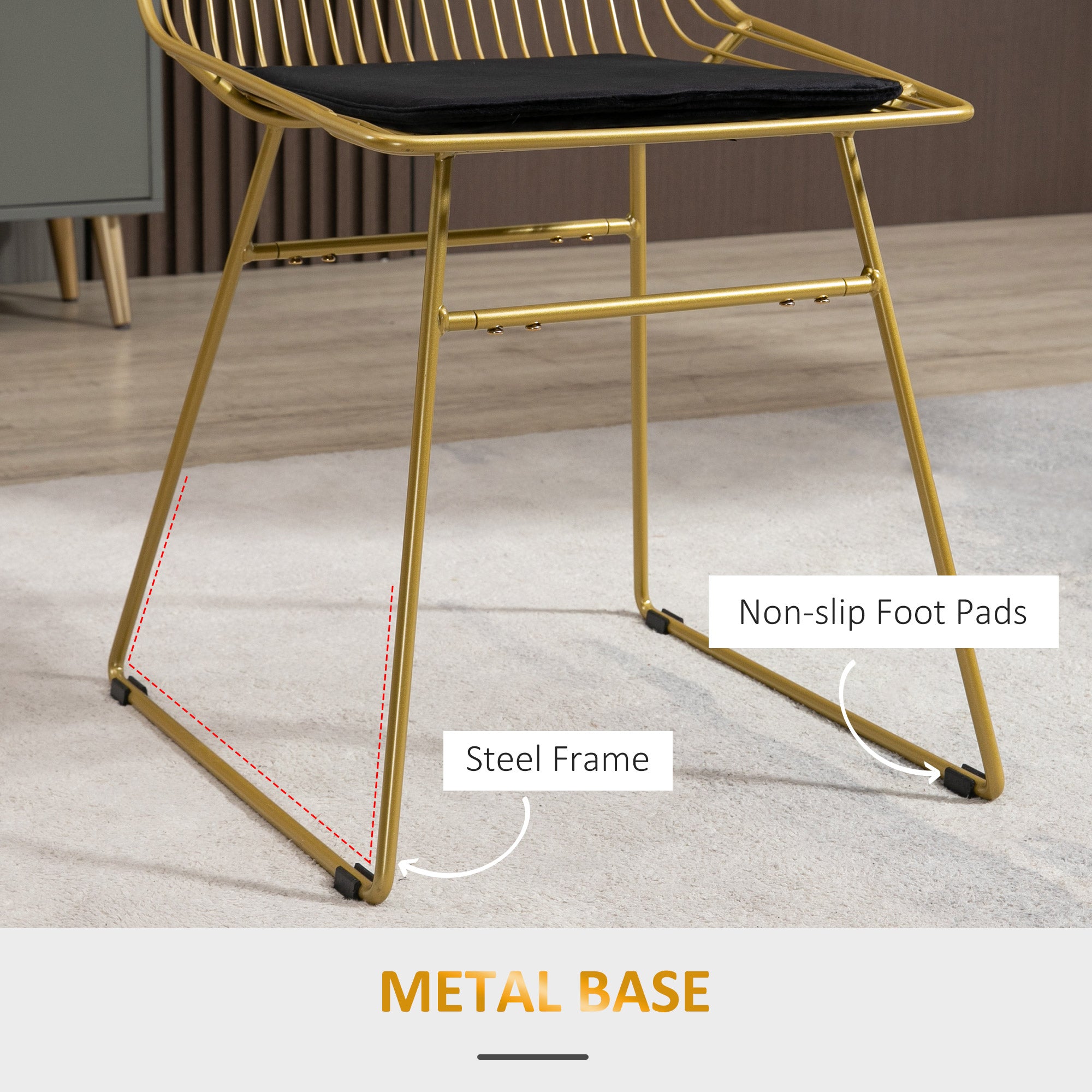 HOMCOM Luxurious Dining Chairs Set of 2, Metal Wire Kitchen Chair with Removable Velvet-feel Cushion, Cut-out Back and Steel Frame for Dining Room, Gold Tone