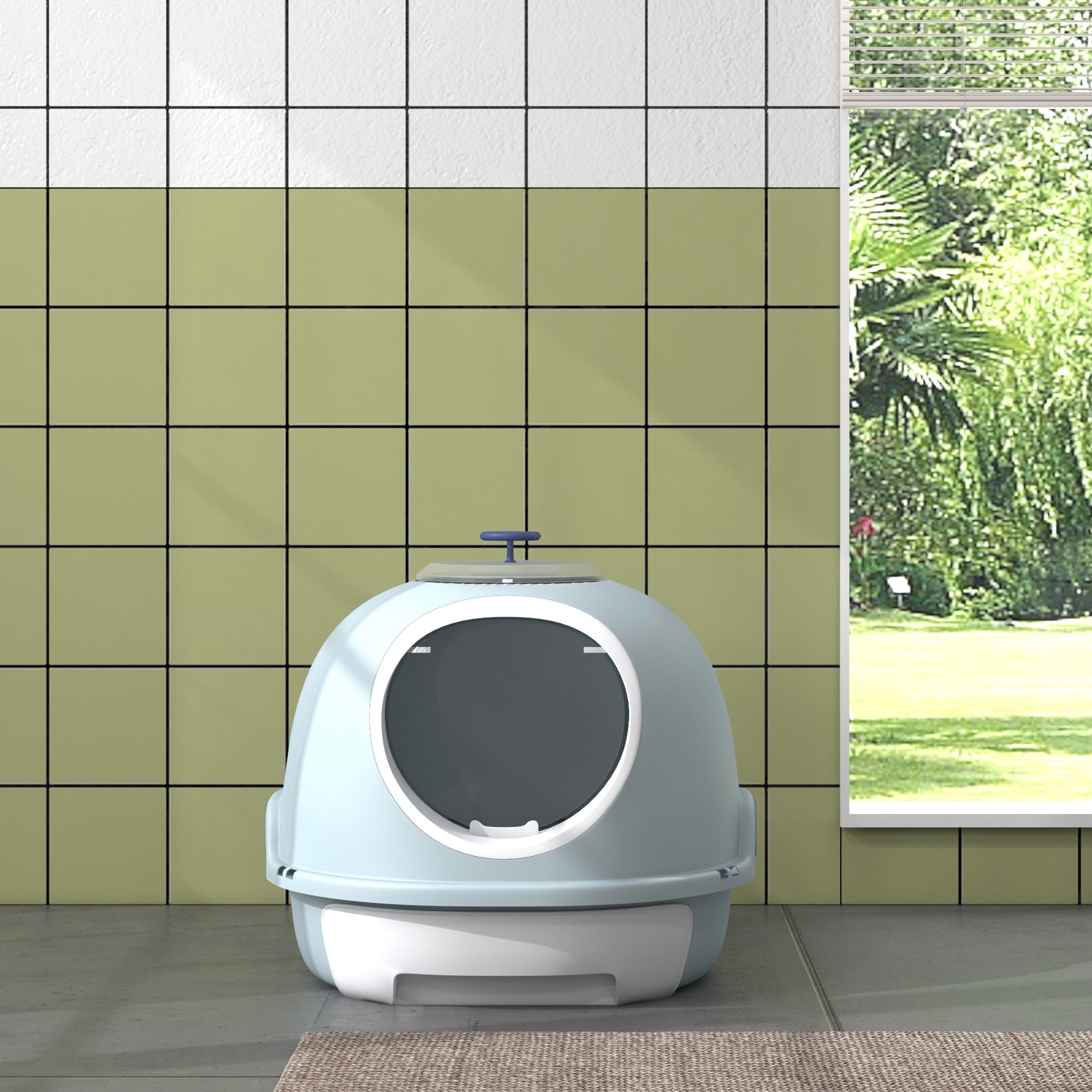 PawHut Cat Litter Box Toilet with Litter Scoop Enclosed Drawer, Front Entry Top Exit, Easy To Clean Blue - North Peak Garden Furniture