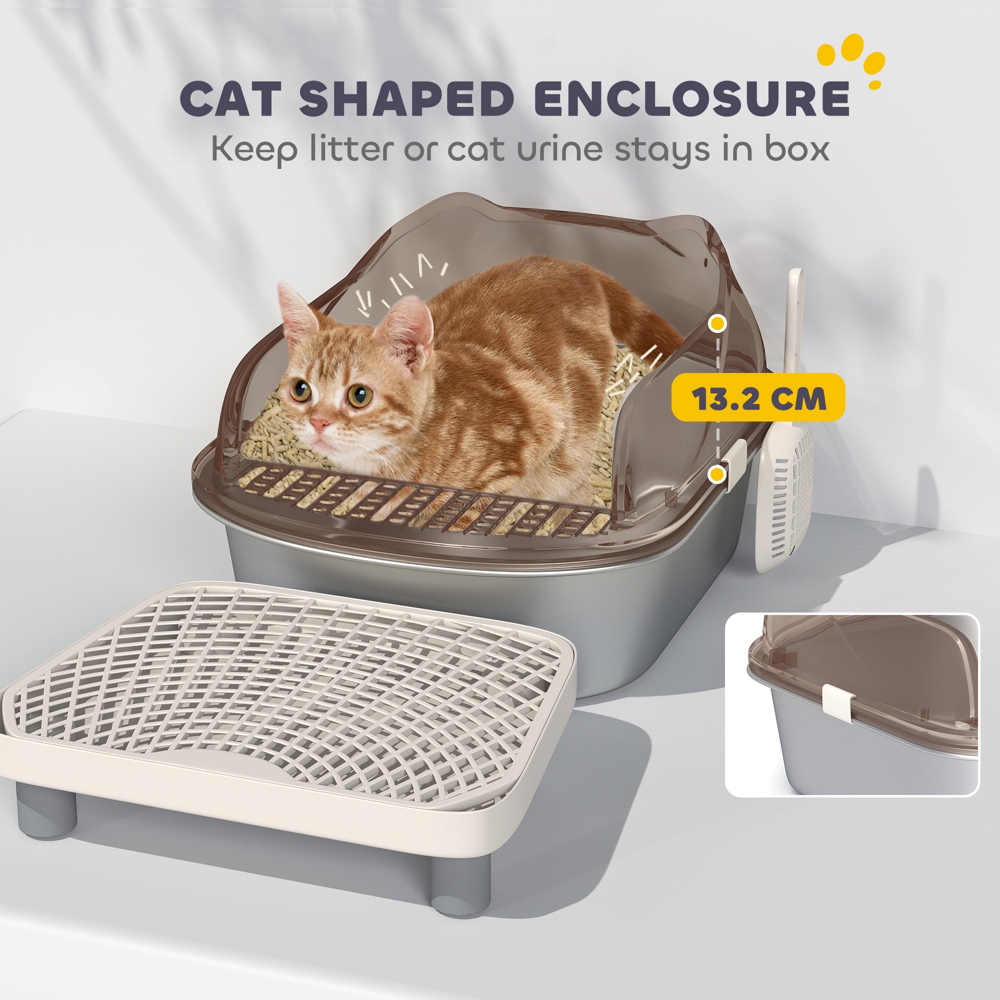 PawHut Stainless Steel Litter Box with Lid, High Wall Sided Enclosure, Pedal, Scoop, Non-Sticky, Anti-Leakage, Easy Cleaning - North Peak Garden Furniture