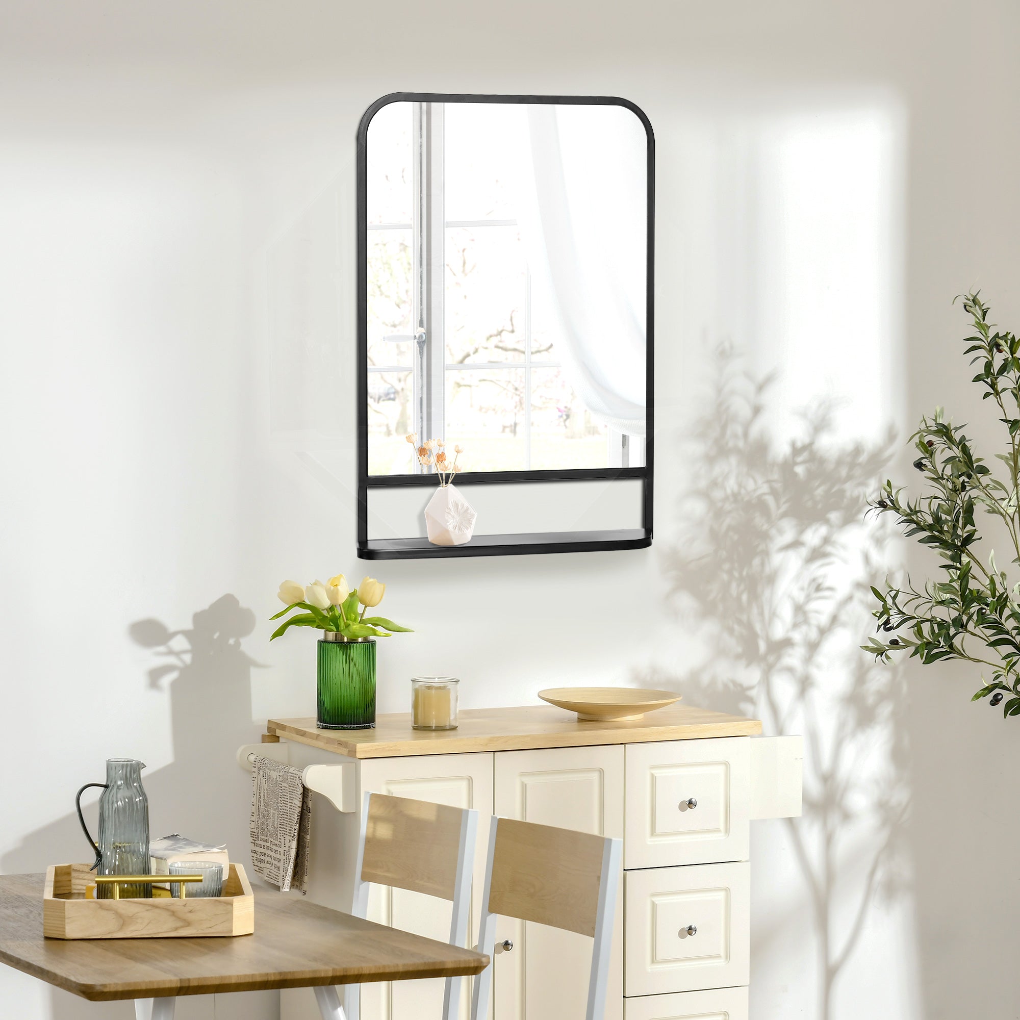 HOMCOM Modern Square Wall Mirror with Storage Shelf, 70 x 50 cm Mirrors for Living Room, Bedroom, Black