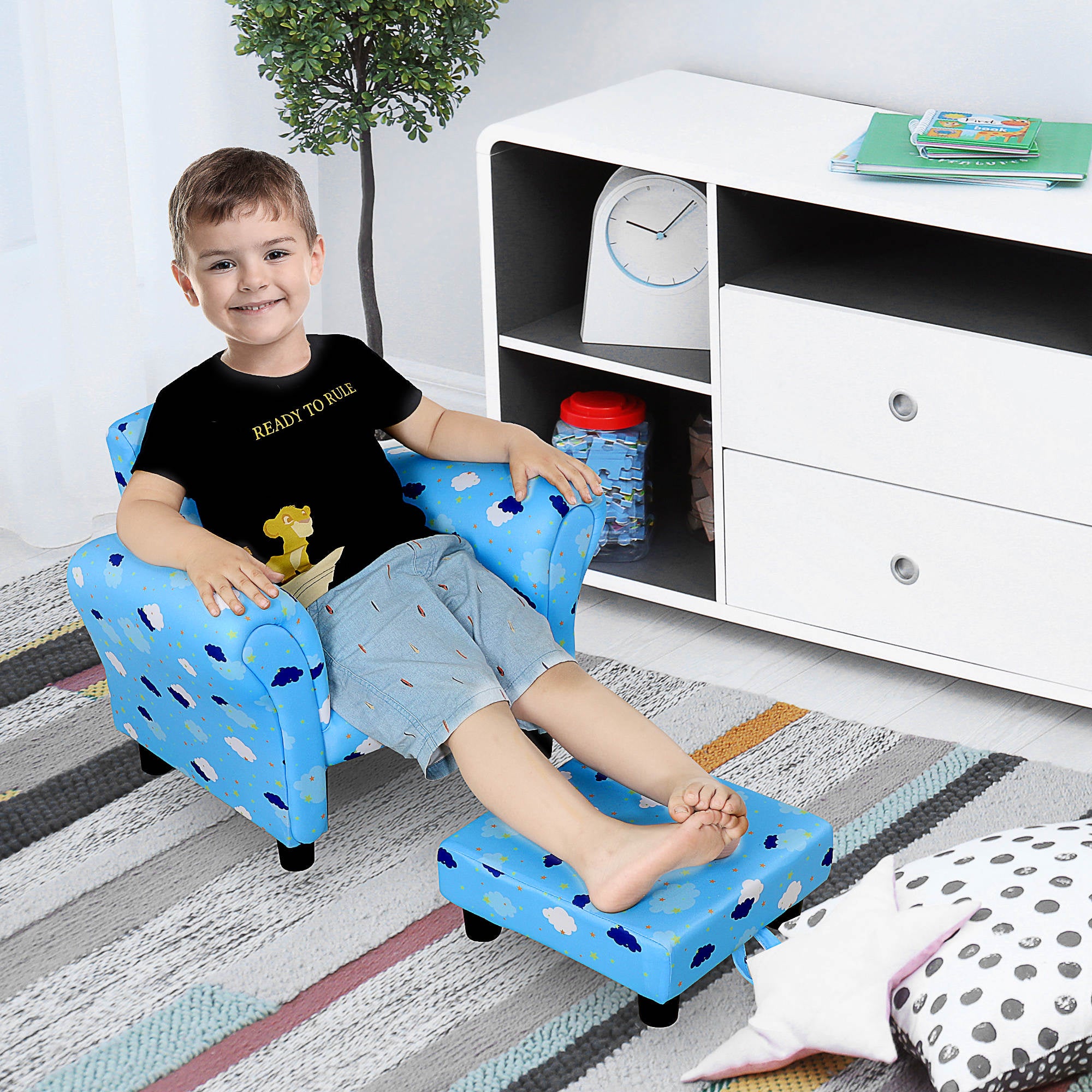 HOMCOM Toddler Chair Children's Armchairs Wood Frame w/ Footrest Anti-Slip Legs High Back Arms for Bedroom Playroom Cute Cloud Star Blue - North Peak Garden Furniture