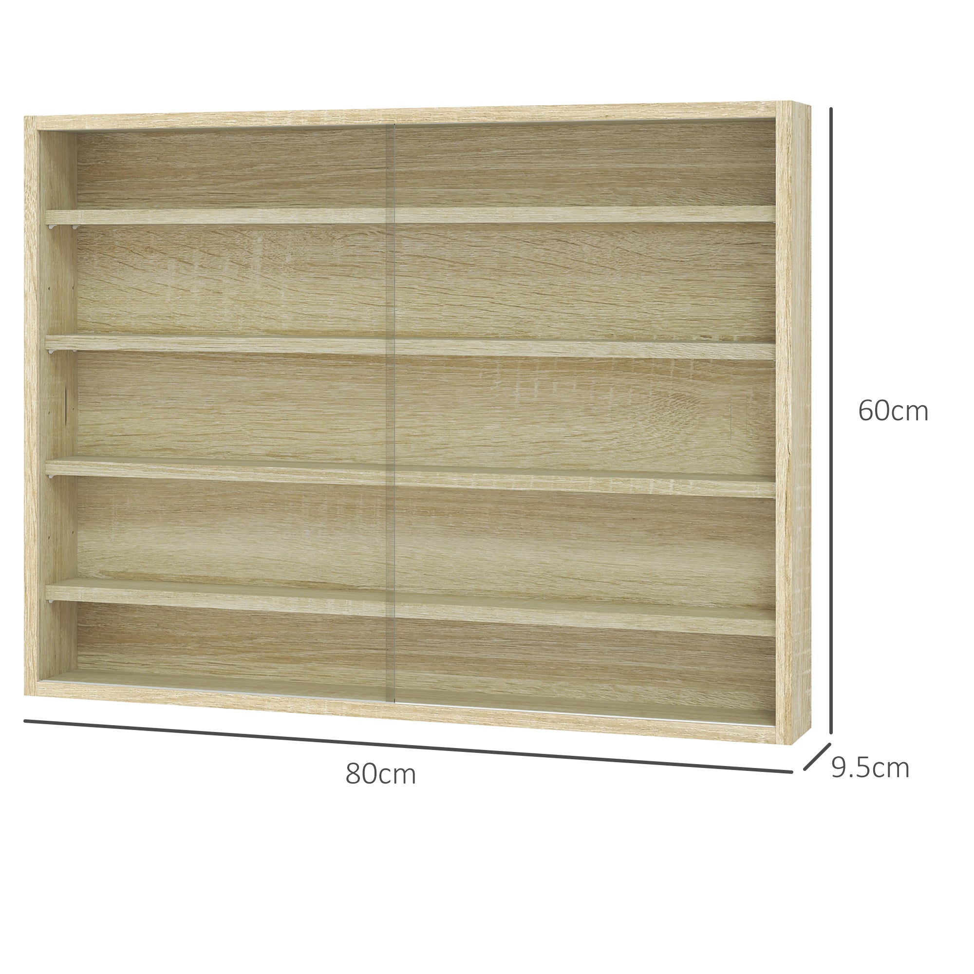 HOMCOM 5-Tier Wall Display Shelf Unit Cabinet w/ 4 Adjustable Shelves Glass Doors Home Office Ornaments 60x80cm Oak - North Peak Garden Furniture