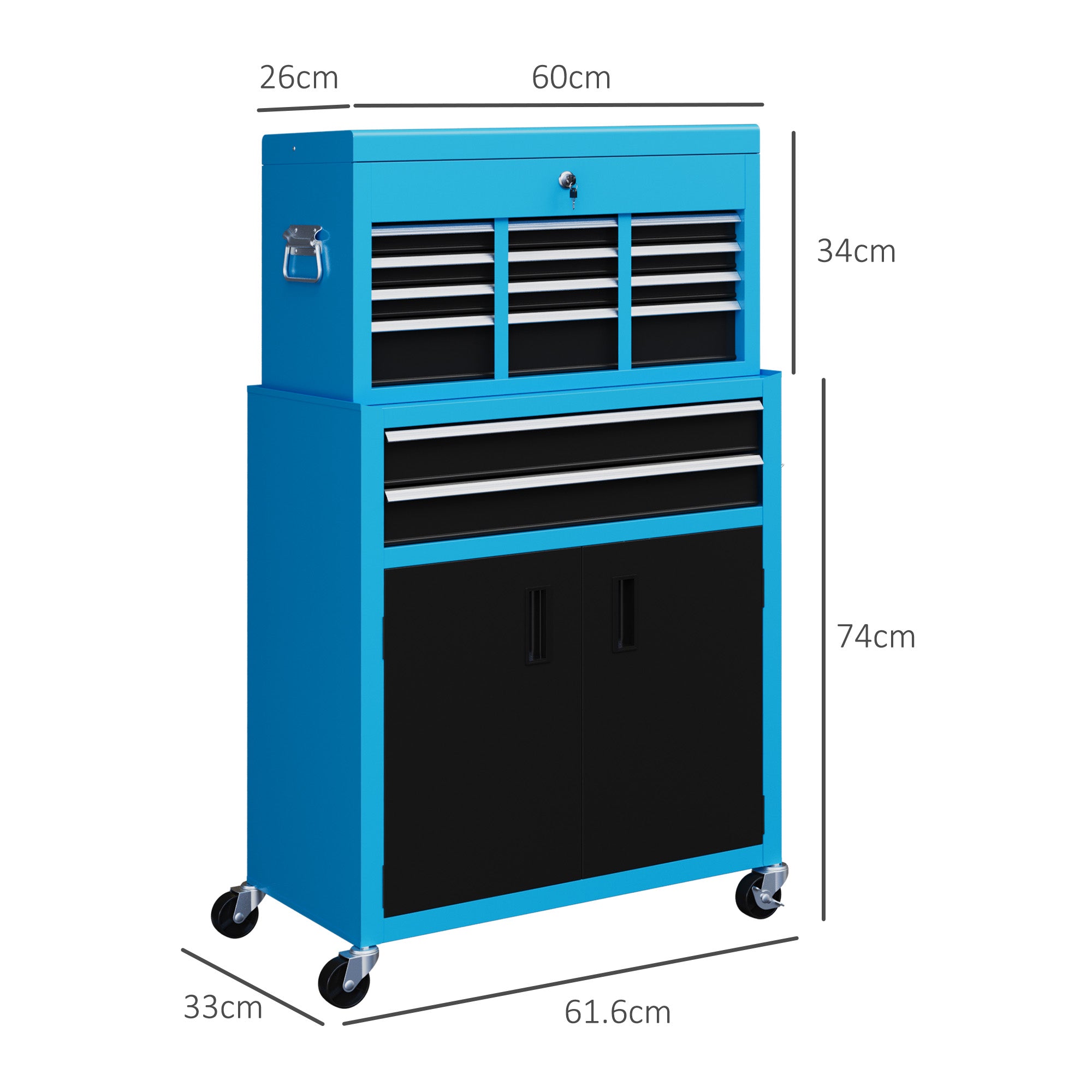 HOMCOM Portable Tool Box, Metal Tool Chest on Wheels with 6 Drawers for Garage and Workshop, Blue - North Peak Garden Furniture