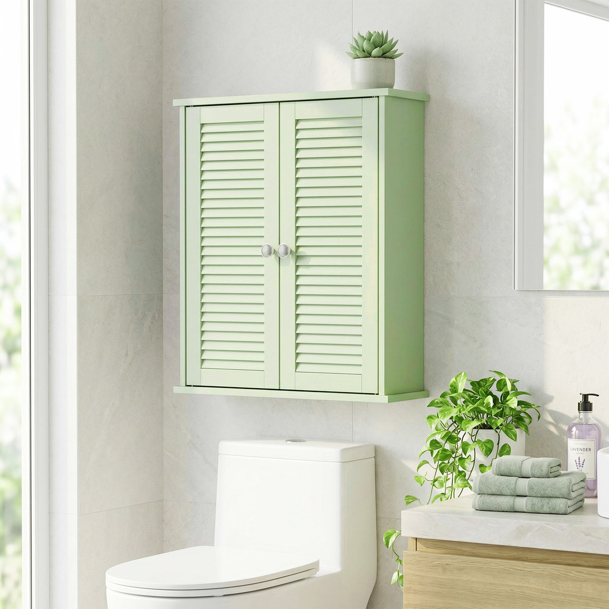 HOMCOM Bathroom Cabinet, Bathroom Wall Cabinet with Louvered Doors and Adjustable Shelf Storage for Kitchen, Light Green