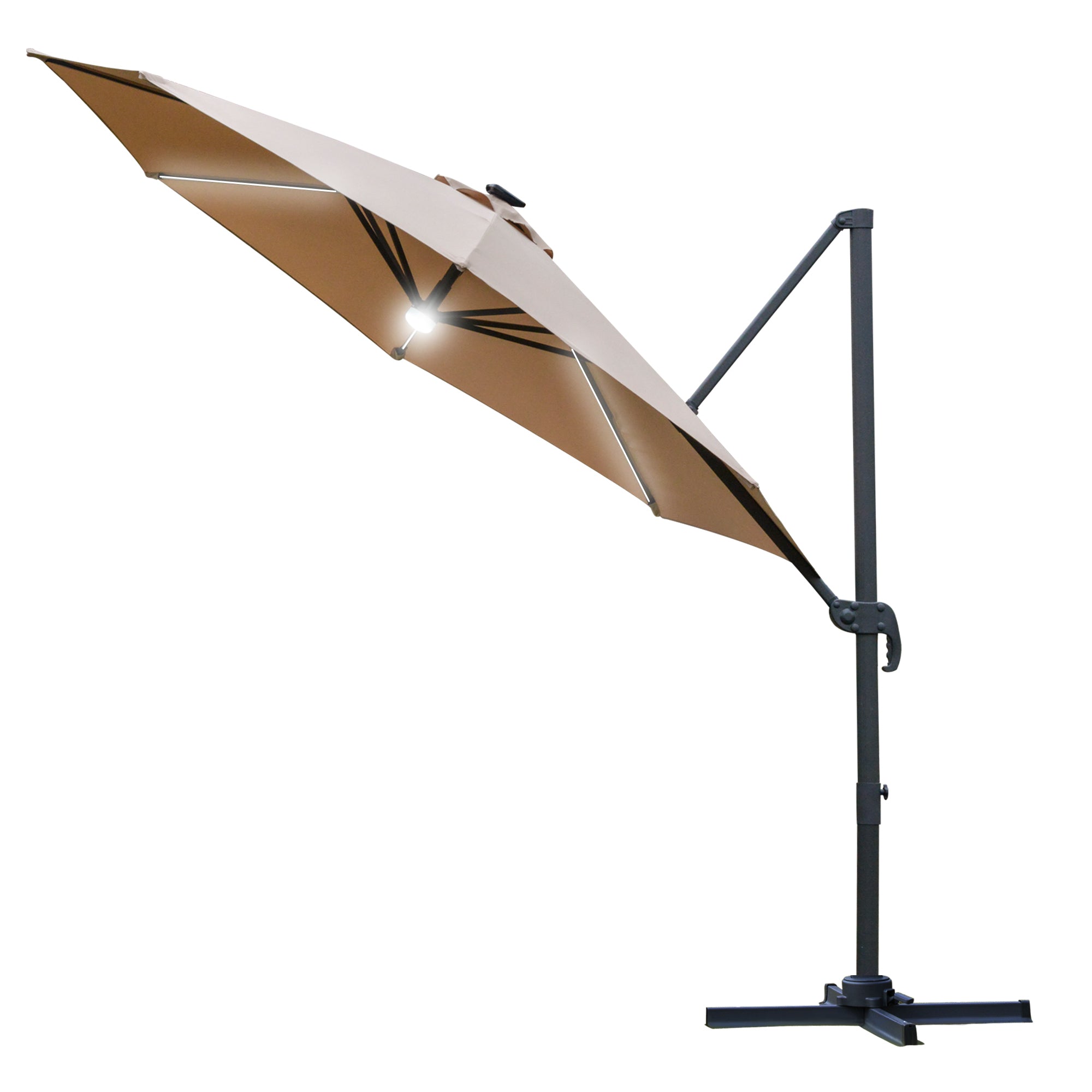 Outsunny 3(m) LED Cantilever Parasol Outdoor Sun Umbrella w/ Base Solar Lights Brown - North Peak Garden Furniture
