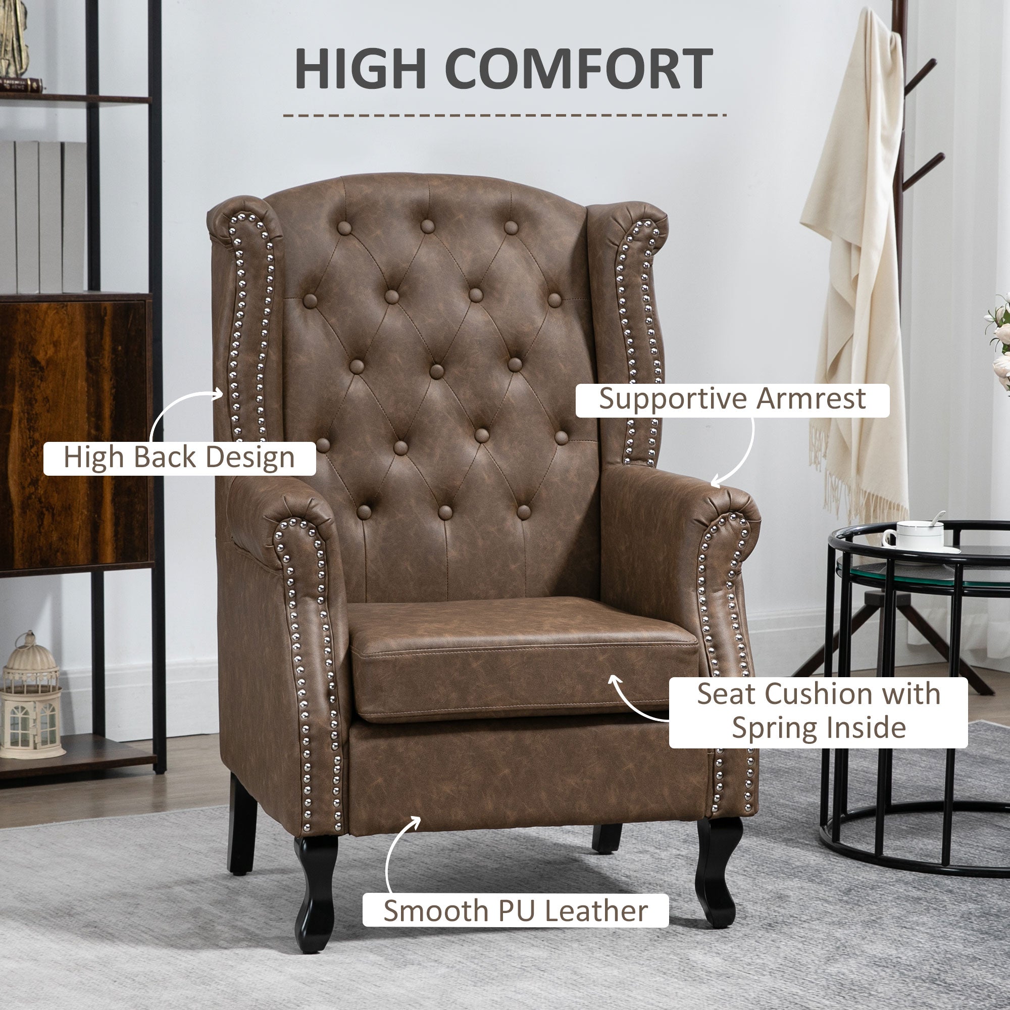 HOMCOM Wingback Accent Chair Tufted Chesterfield-style Armchair with Nail Head Trim for Living Room Bedroom Brown - North Peak Garden Furniture