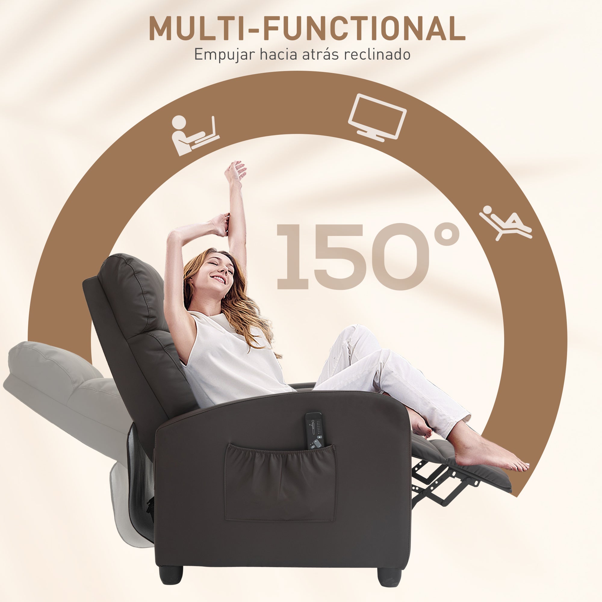 HOMCOM Recliner Armchair, Massage Faux Leather Push Back Reclining Chair with Adjustable Leg Rest, Side Pocket, for Home Living Room Theatre, Brown