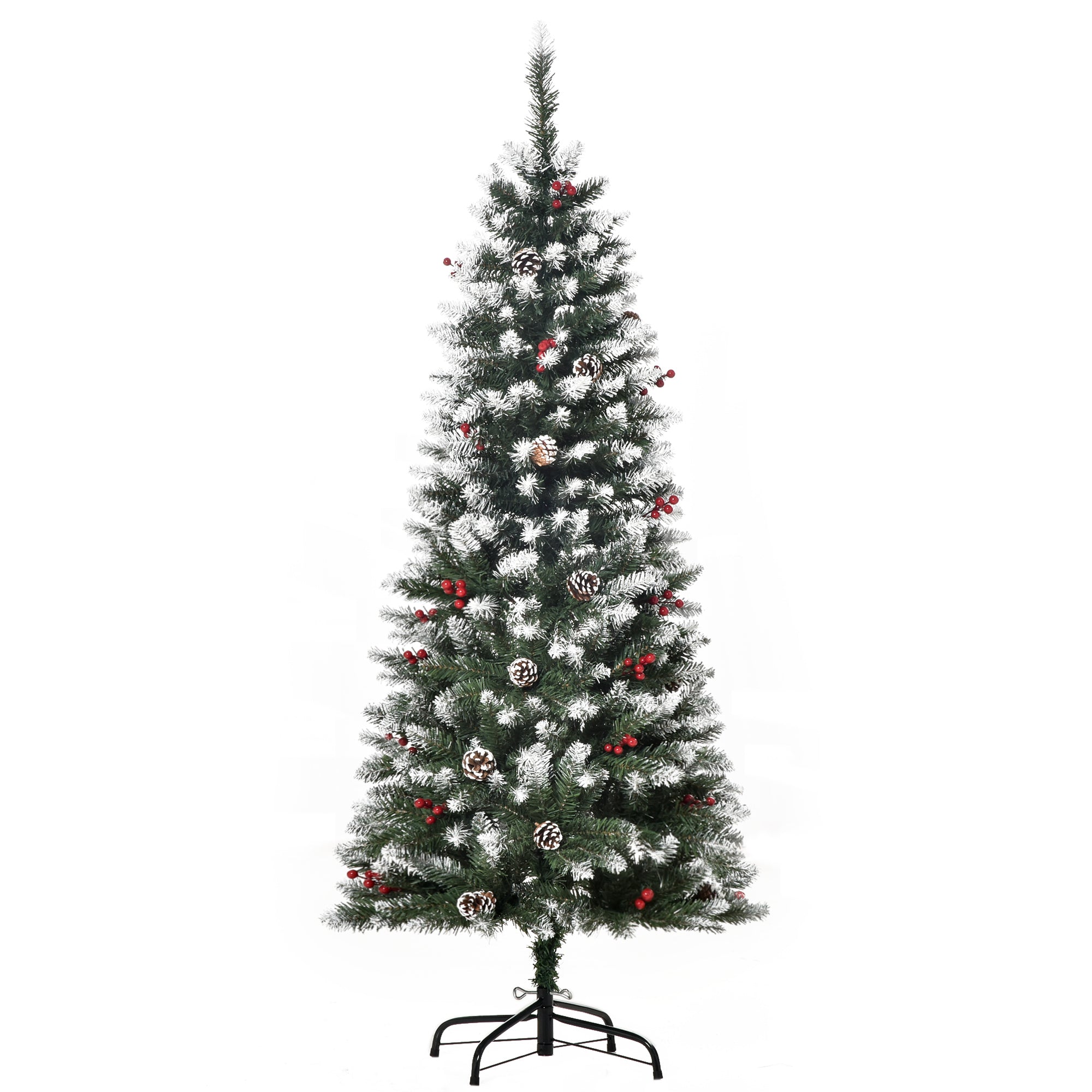 HOMCOM 5FT Artificial Christmas Tree Xmas Pencil Tree with Red Berries and Pinecones Holiday Home Indoor Decoration with Foldable Feet, Green - North Peak Garden Furniture