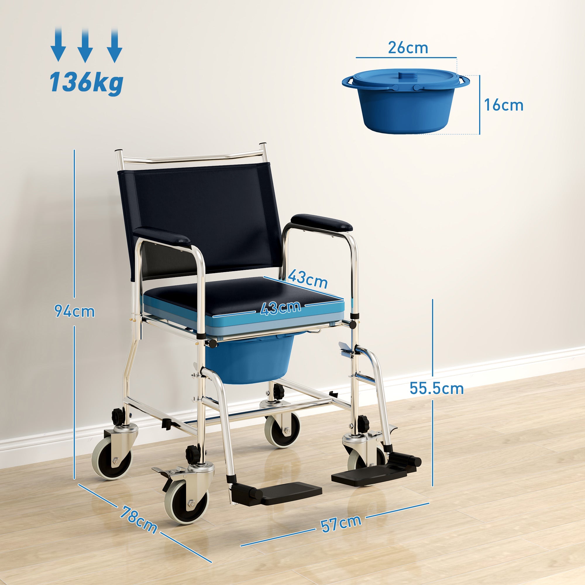 HOMCOM 3-In-1 Commode Wheelchair - Black - North Peak Garden Furniture