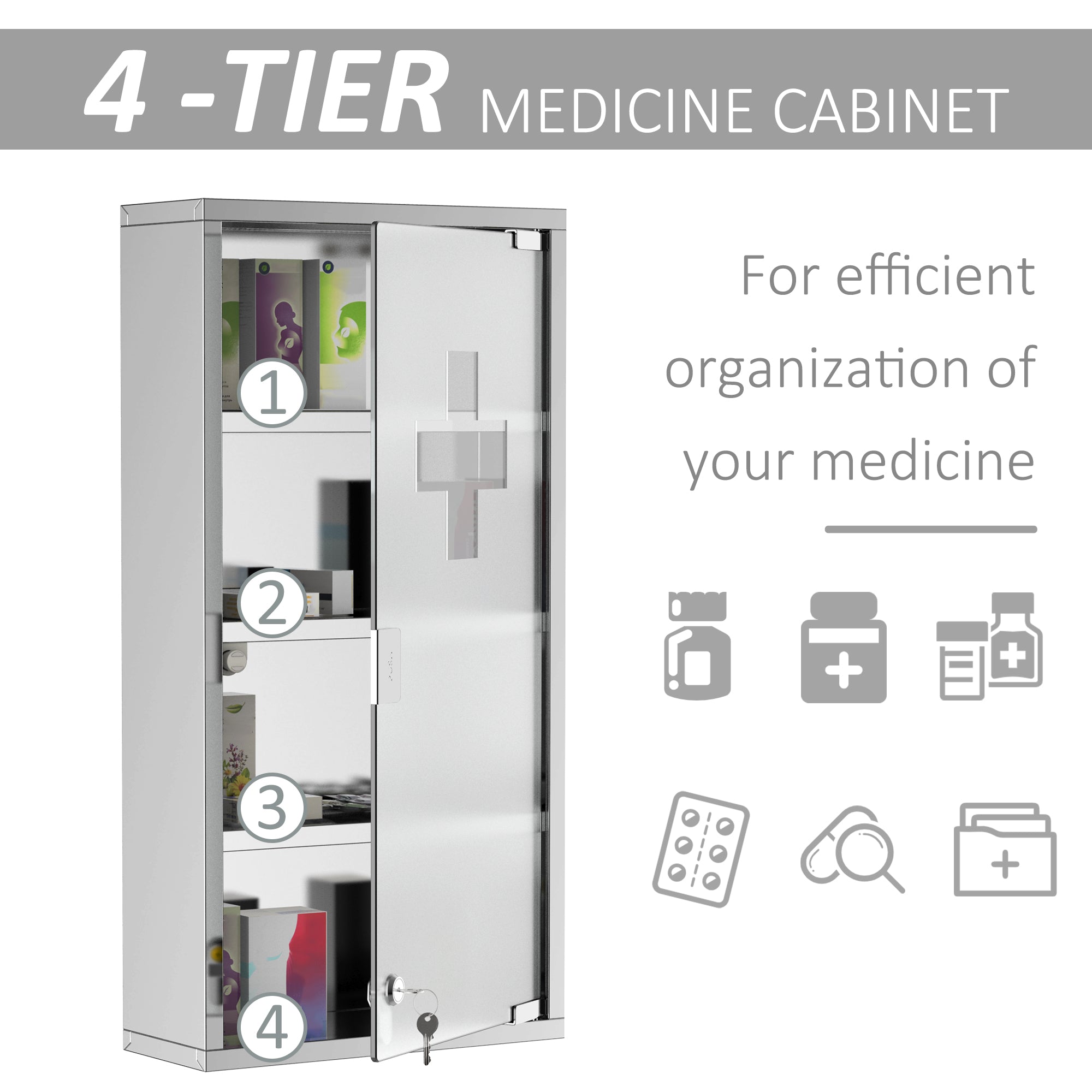 HOMCOM 4 Tier Stainless Steel Wall Mounted Medicine Cabinet Glass Lockable Door Storage Shelves Houseware Bathroom Furniture 60Hx30Wx12D(cm) w/2 Keys - North Peak Garden Furniture