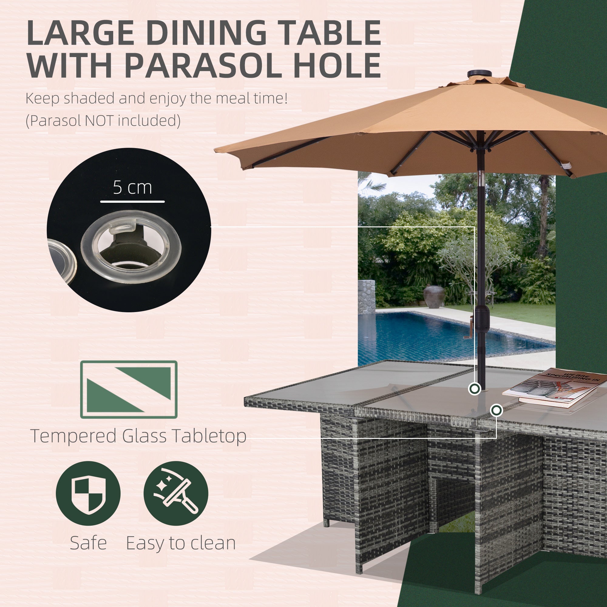 Outsunny 10 Seater Rattan Cube Garden Furniture Set with Parasol Hole, Rattan Dining Set with Cushions, Outdoor Dining Table and Chairs with Rectangular Glass Top Table for Patio, Mixed Grey - North Peak Garden Furniture