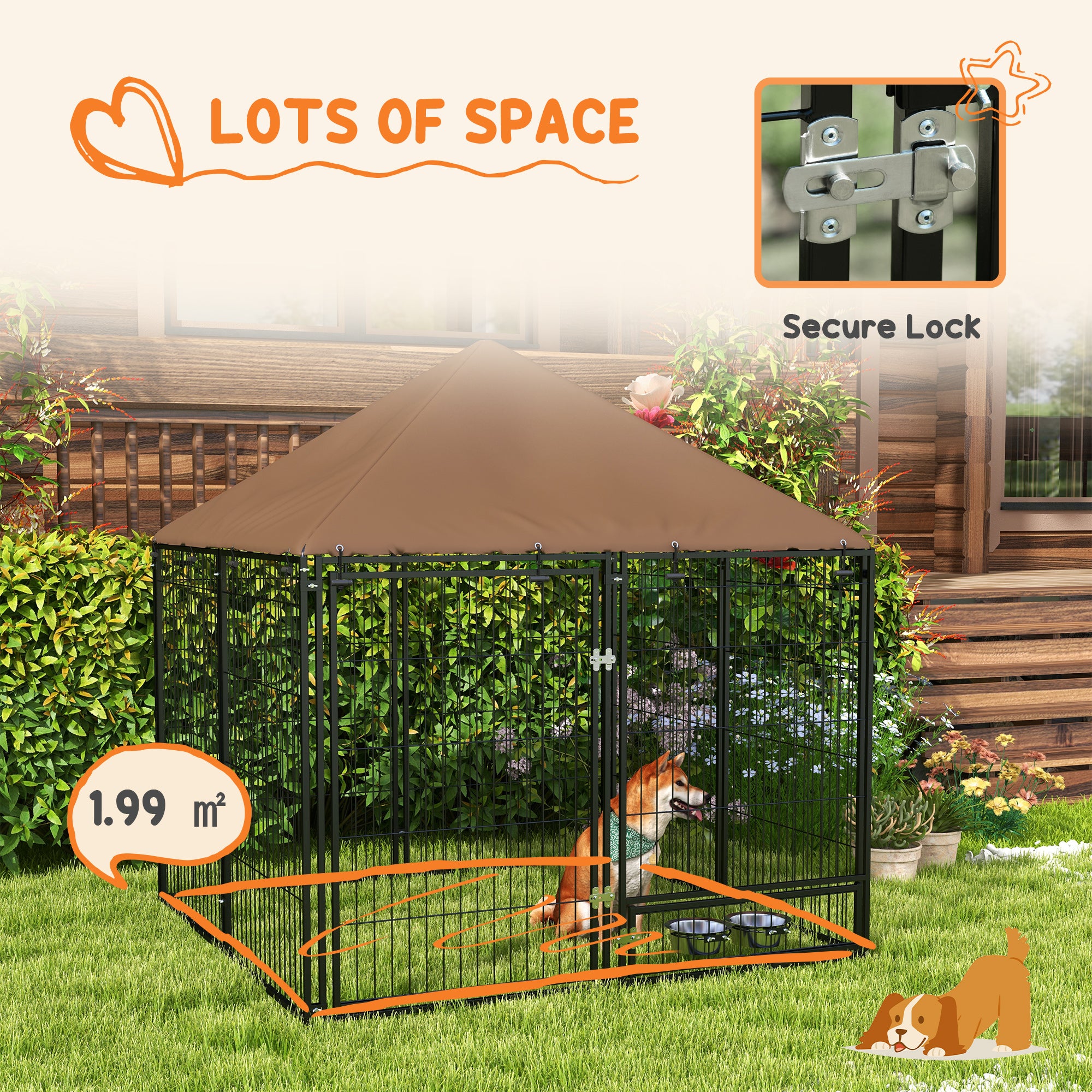 PawHut Outdoor Dog Kennel Puppy Play Pen with Canopy Garden Playpen Fence Crate Enclosure Cage Rotating Bowl 141 x 141 x 151 cm - North Peak Garden Furniture