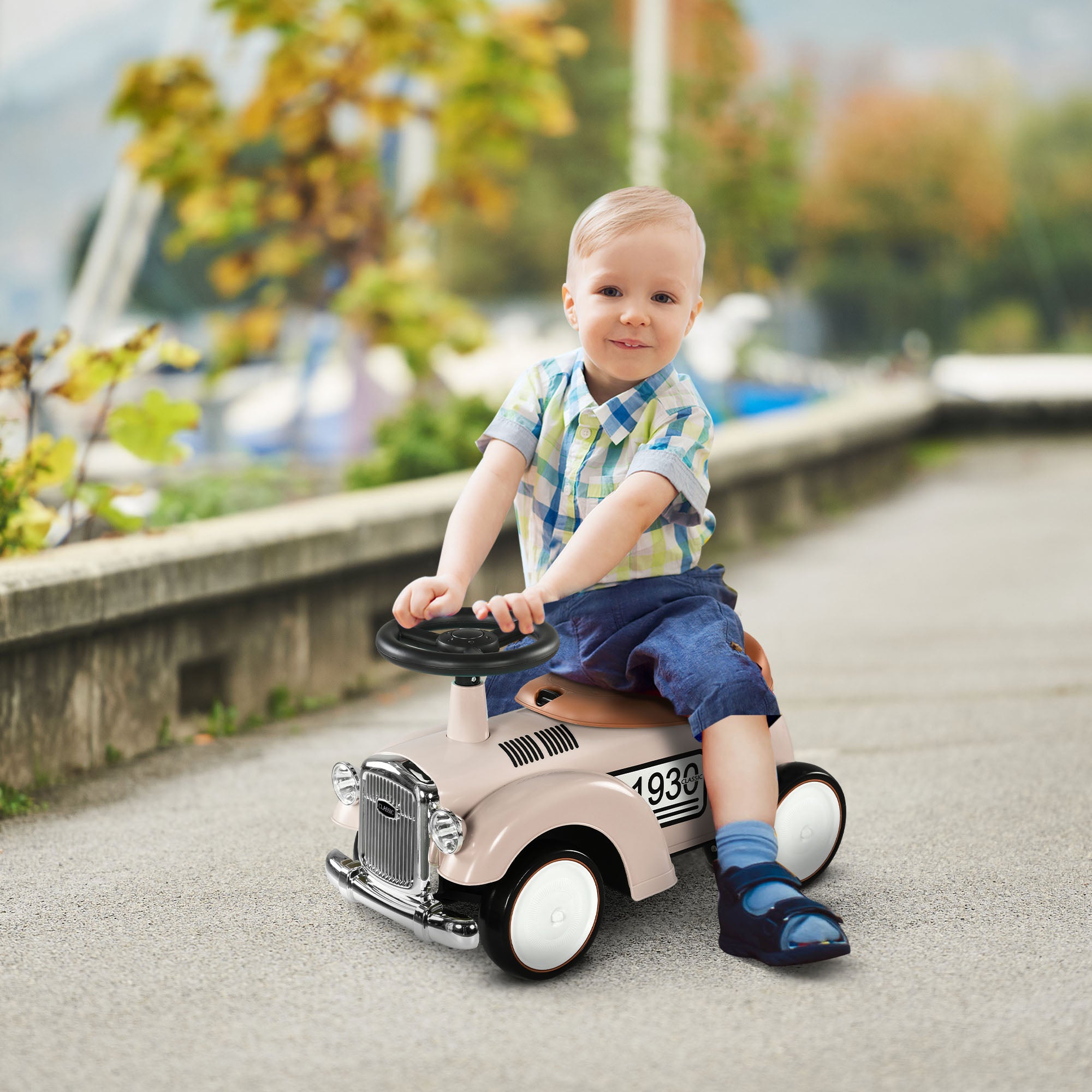 AIYAPLAY Foot to Floor Slider for Toddlers with Under-Seat Storage, Ride on Sliding Car with Horn, for Ages 12-36 Months - Cream - North Peak Garden Furniture