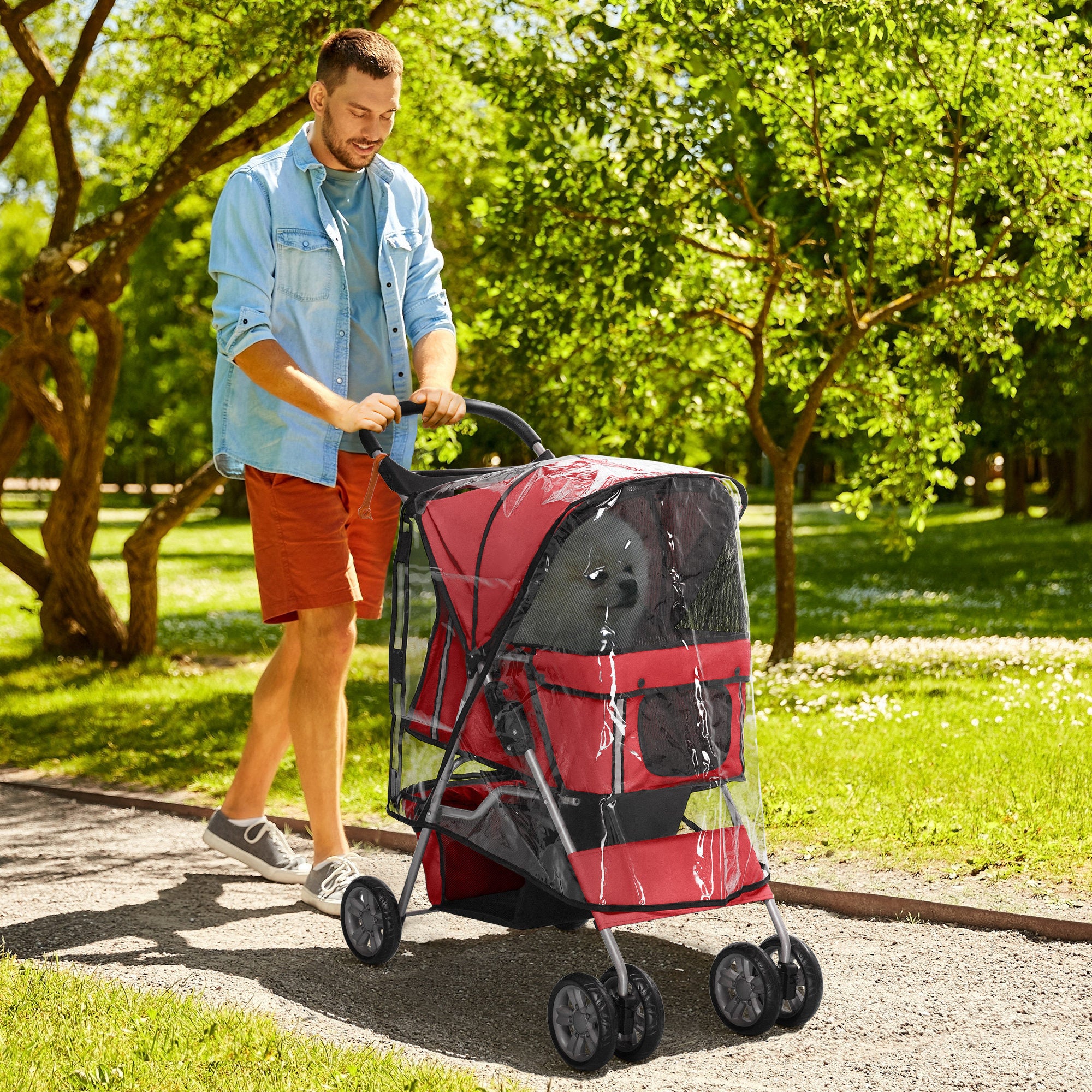 PawHut Dog Stroller with Rain Cover for Small Miniature Dogs, Folding Pet Pram with Cup Holder, Storage Basket, Reflective Strips, Red - North Peak Garden Furniture