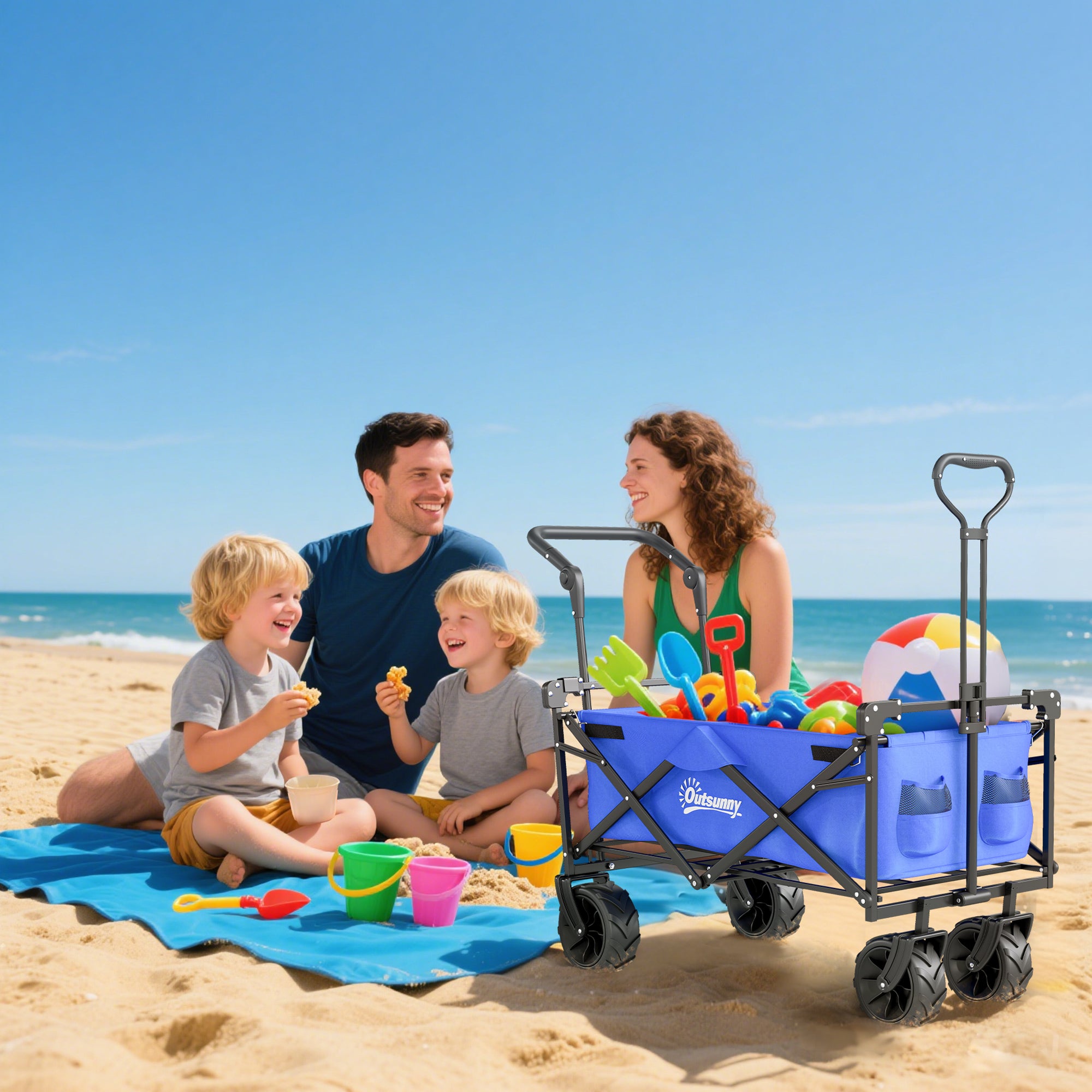 Outsunny Folding Trolley Cart Storage Wagon Beach Trailer 4 Wheels with Handle Overhead Canopy Cart Push Pull for Camping, Blue - North Peak Garden Furniture