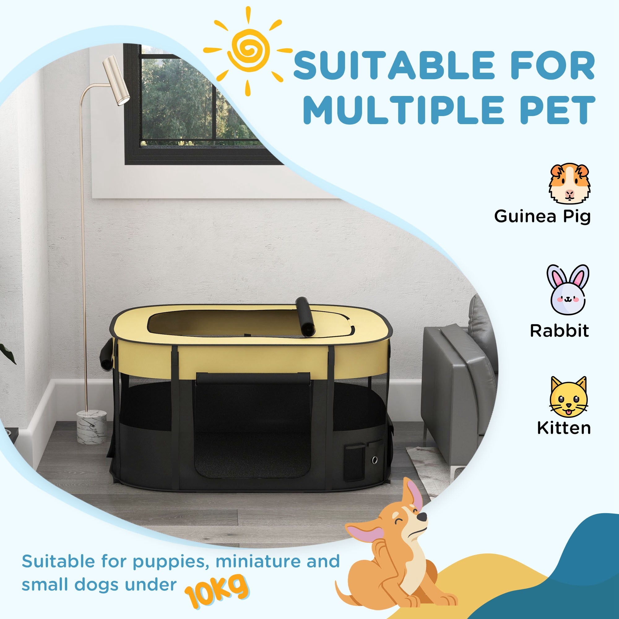 PawHut Foldable Dog Pen with Storage Bag for Indoor/Outdoor Use, Portable Pet playpen, with Ground Stakes - Yellow - North Peak Garden Furniture