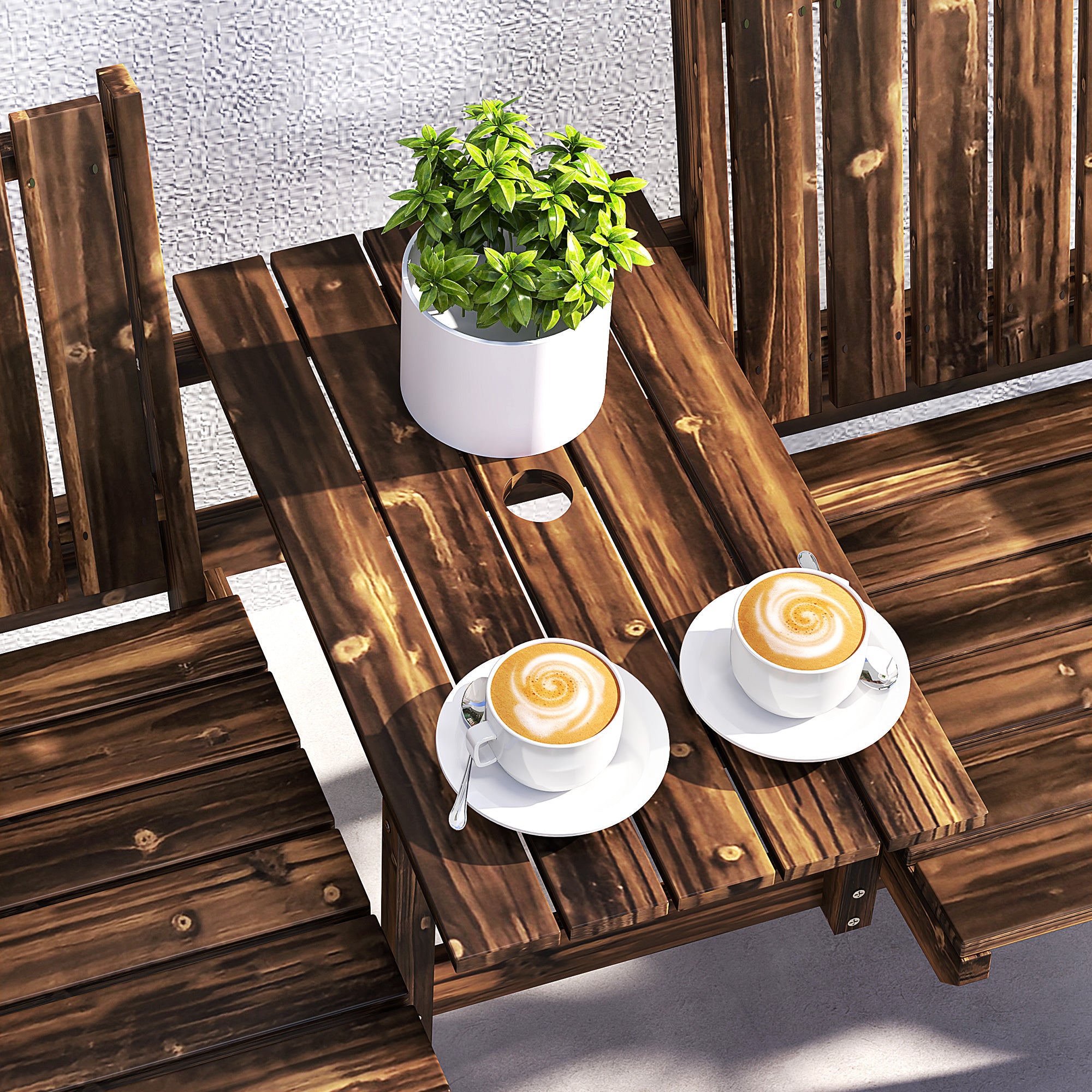 Outsunny 2-Seater Garden Bench with Table & Parasol Hole, Antique Loveseat for Porch, Patio, Carbonised Finish - North Peak Garden Furniture
