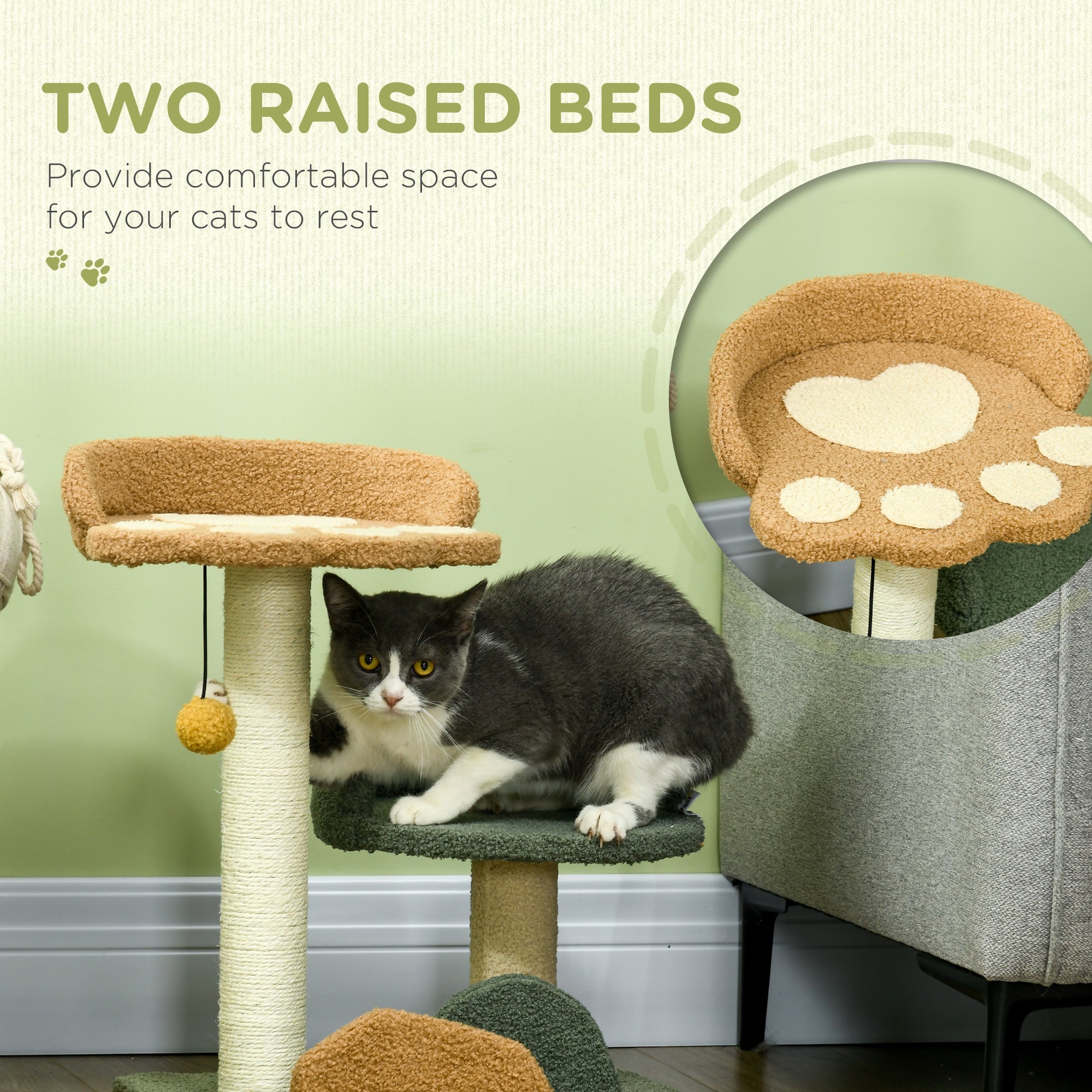 PawHut 52cm Small Cat Tree for Indoor Cats, Scratching Posts with Two Beds, Toy Ball - North Peak Garden Furniture
