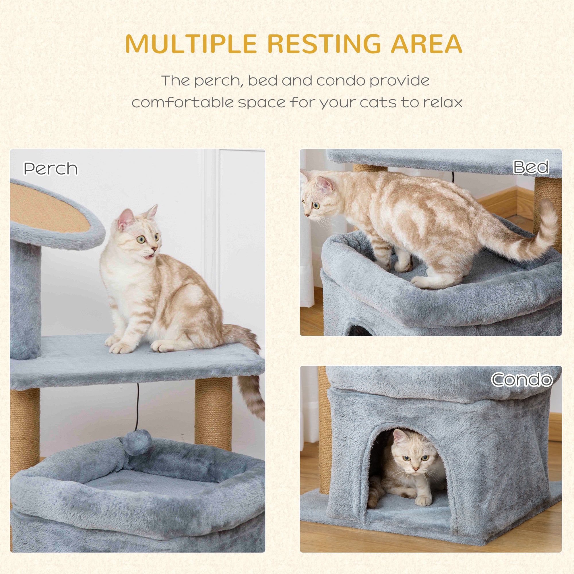 PawHut Cat Tree Tower for Indoor Cats, Cat Scratching Post with Bed, Cat House, Scratching Pad, Perch, Interactive Ball Toy 48 x 48 x 84cm, Grey