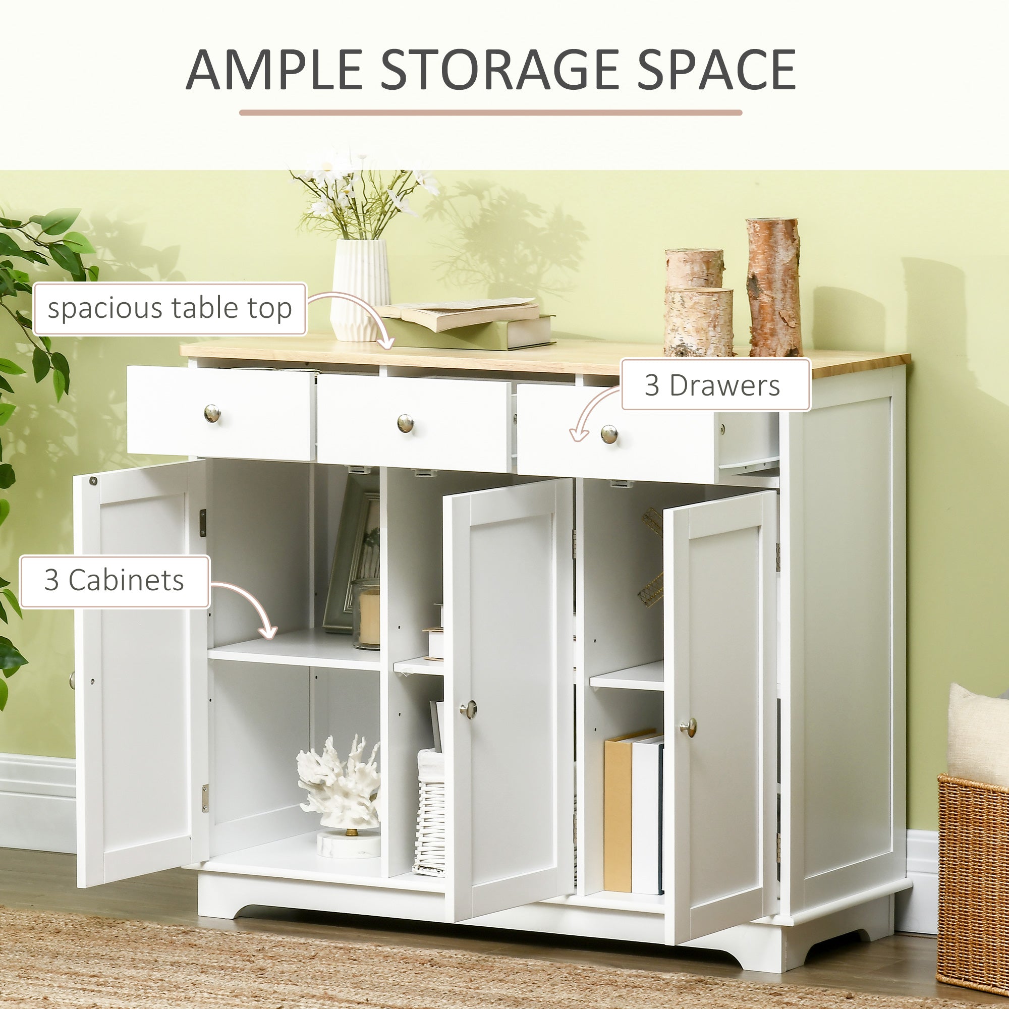 HOMCOM Modern Sideboard with Rubberwood Top, Buffet Cabinet with Storage Cabinets, Drawers and Adjustable Shelves for Living Room, Kitchen, White - North Peak Garden Furniture